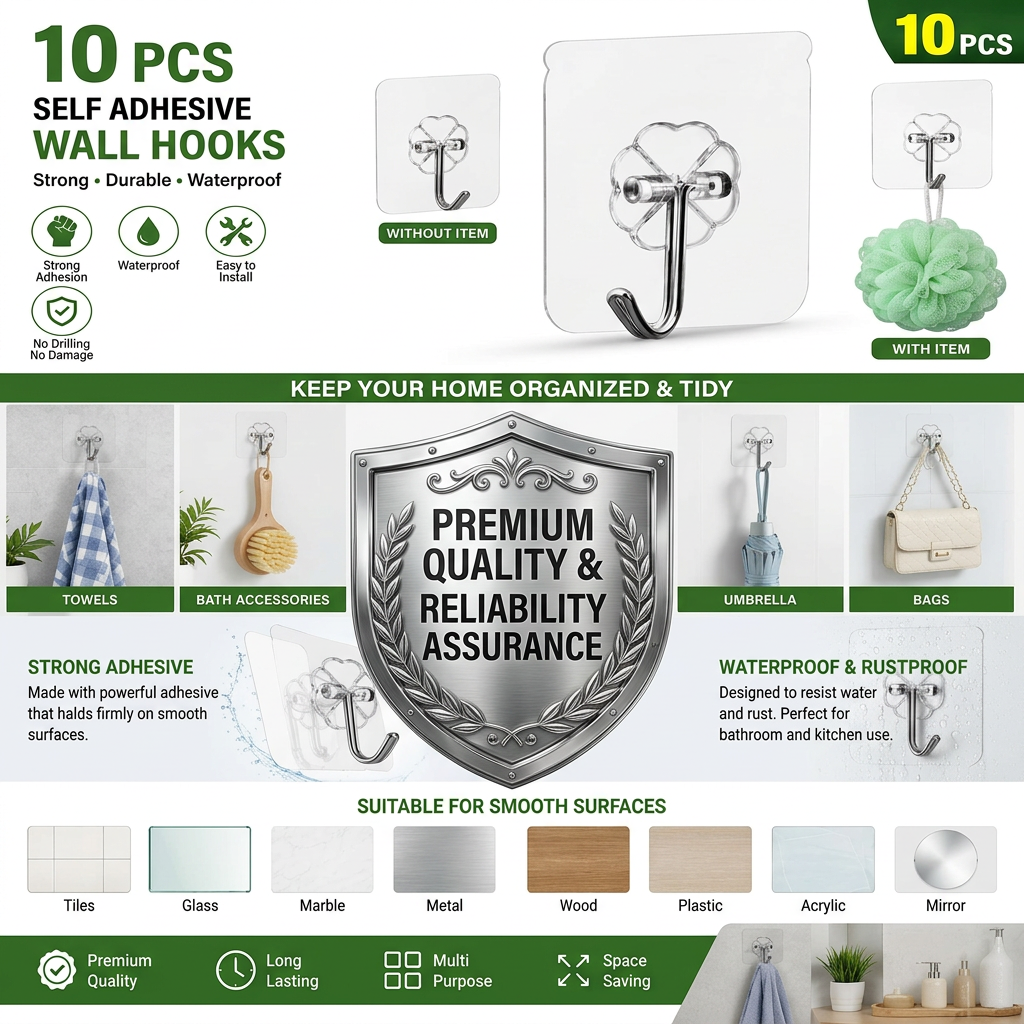 AI Design for Same infographic design and same transparent adhesive wall hook product, exact layout unchanged. Remove the entire "EASY TO INSTALL" section and its three installation-step images completely. Keep all other sections including product showcase, strong adhesive, waterproof & rustproof, suitable surfaces, usage examples and benefits unchanged. Replace the removed area with a large premium metallic shield badge and text. Maintain clean white background, green theme, professional ecommerce infographic style, ultra realistic 4K quality, Amazon A+ content, Meesho listing design, sharp text, premium commercial appearance, balanced layout, high trust factor, photorealistic product rendering, no watermark..