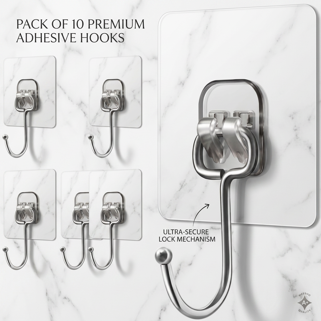 AI Design for Same hook and marble adhesive plate. Display 10 hooks installed on luxury white marble wall. One hook enlarged in foreground showing detailed adhesive lock mechanism. Bright premium lighting, realistic reflections, Meesho A+ listing image.