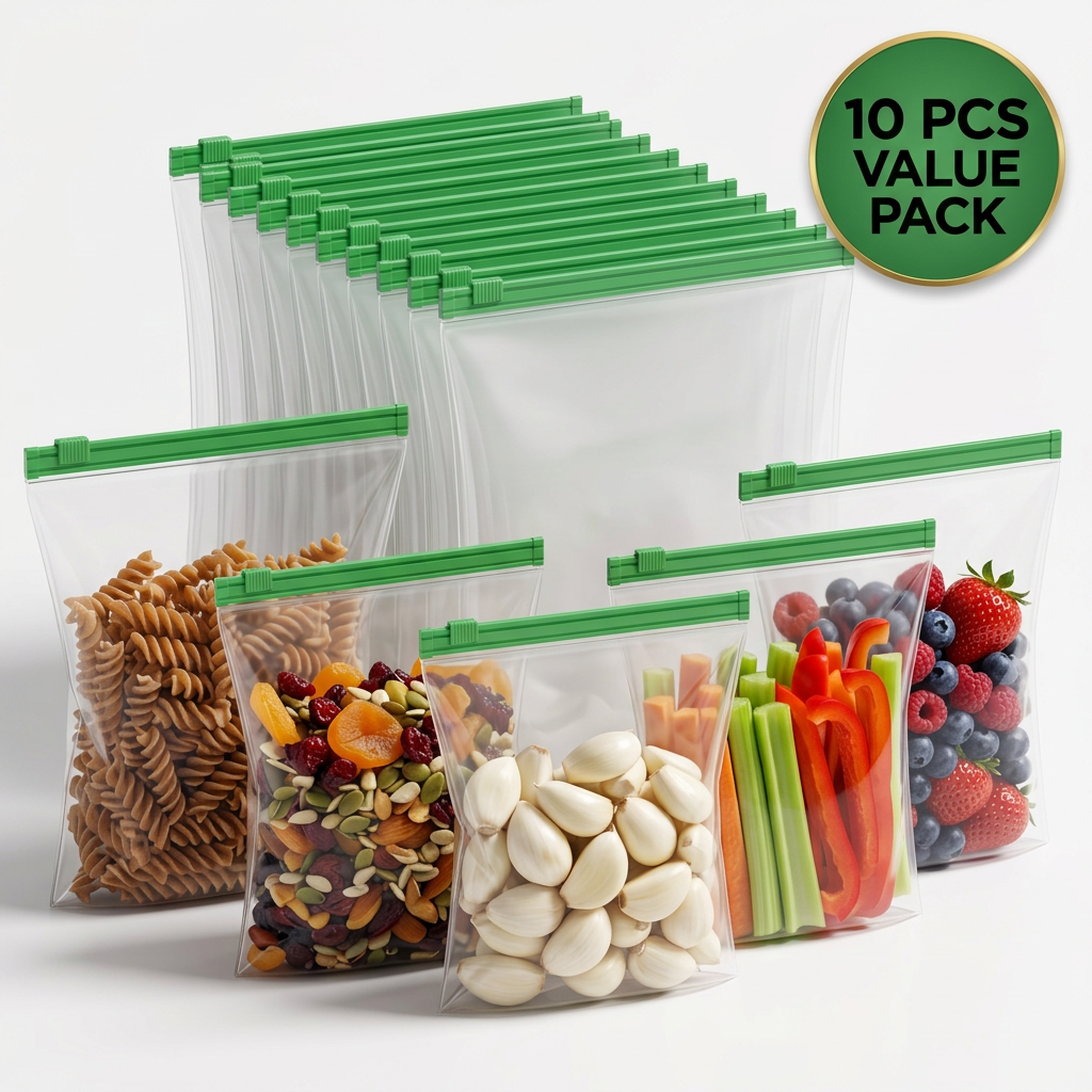 AI Design for Design a luxury e-commerce hero image for 10 PCS Reusable Zip Lock Bags. Product occupies nearly 85% of the frame. Large stack of 10 bags with five filled examples in front. White seamless background, studio lighting, premium shadows, vibrant colors. Add attractive green rounded badge saying "10 PCS VALUE PACK" in bold black typography. Hyper realistic, ultra sharp, designed for maximum click-through rate on Meesho.