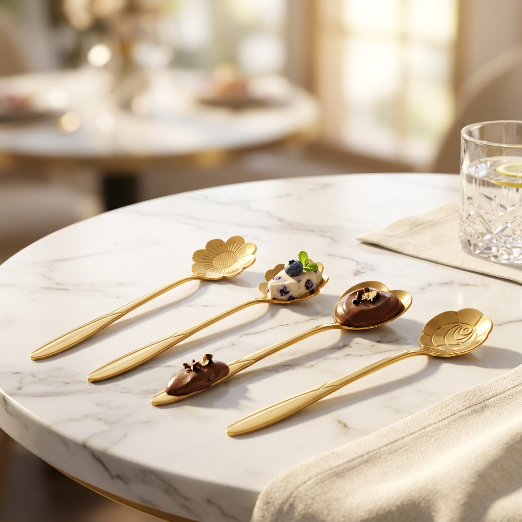 AI Design for Keep the same gold flower and heart spoons exactly as reference, same size, same color, same design. One spoon holding premium chocolate mousse, another holding blueberry cheesecake, placed on luxury white marble table. Soft golden sunlight, elegant café atmosphere, shallow depth of field, premium dessert styling, spoons in sharp focus, luxury product photography, ultra realistic, 4K, Amazon A+ content style.
