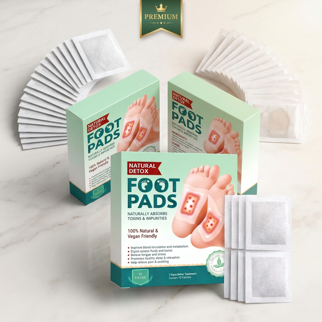AI Design for Three Natural Detox Foot Pads boxes arranged in elegant V-shape formation, center box front-facing, side boxes tilted inward, foot pad sachets displayed symmetrically, premium white background, luxury commercial photography, soft shadows, sharp details, customer focus design, marketplace bestseller appearance, ultra HD 8K.
