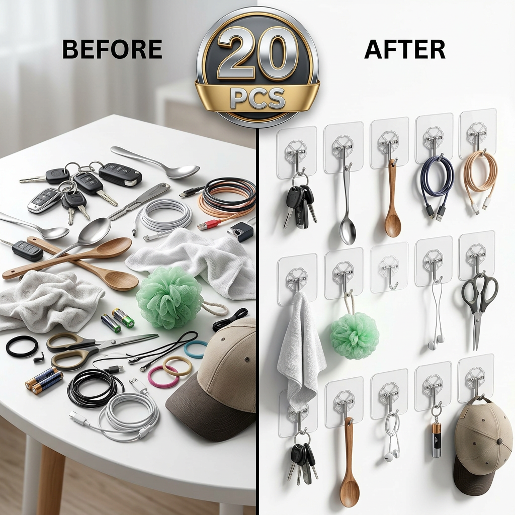 AI Design for Split-screen Before & After comparison image for same transparent self-adhesive wall hooks. LEFT SIDE (BEFORE): messy white table with scattered car keys, kitchen spoons, charging cables, towel, loofah, scissors, earphones, cap and small accessories creating clutter. RIGHT SIDE (AFTER): same items neatly organized and hanging on transparent adhesive hooks mounted on a clean white wall. One hook left empty to clearly showcase the product design. Large premium metallic "20 PCS" badge at top center. Ultra realistic 4K product photography, luxury home interior, realistic shadows, crystal-clear adhesive hooks, chrome metal reflections, Amazon A+ content style, Meesho bestseller listing image, professional commercial advertising, high trust factor, photorealistic, clean modern composition, high conversion design.e.