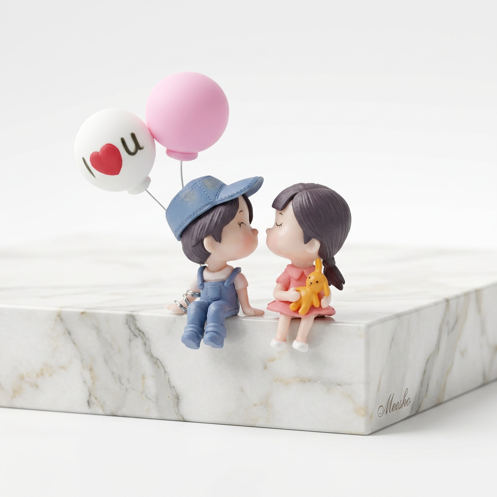 AI Design for Romantic couple showpiece figurine, kissing pose, holding teddy bear, floating heart balloons, luxury marble platform, pastel pink and sky blue color palette, premium gift decoration item, bright studio lighting, luxury catalog photography, elegant shadows, ultra realistic, high-end Meesho bestseller style, product filling most of the frame, white background, 8K, sharp focus.