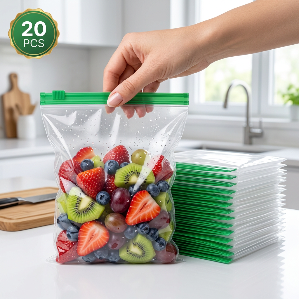 AI Design for Create a single ultra realistic Meesho hero image of reusable zipper storage bags, pack of 20, using the exact same product style as reference: same bag size, same transparent plastic thickness, same green zipper strip, same overall proportions. Show one fruit-filled zipper bag in the foreground, held naturally by a female hand from the top zipper area. Place a neat stack of the remaining empty bags behind on the right side of the kitchen counter. Camera angle 35–45 degree front view, eye-level product shot. Product should occupy 80–85% of the frame. Background should be a bright modern kitchen with soft daylight coming from a window, slightly blurred but realistic. Keep the bag glossy and transparent with natural folds, air pockets, and real reflections. Composition should look premium, clean, and highly clickable for Meesho, but still like a genuine seller photo, not a fake ad poster. No collage, no heavy text, no extra utensils in front, no random clutter, no wrong zipper colour, no different bag shape, no oversized stack, no cartoon effect. 4K photorealistic.