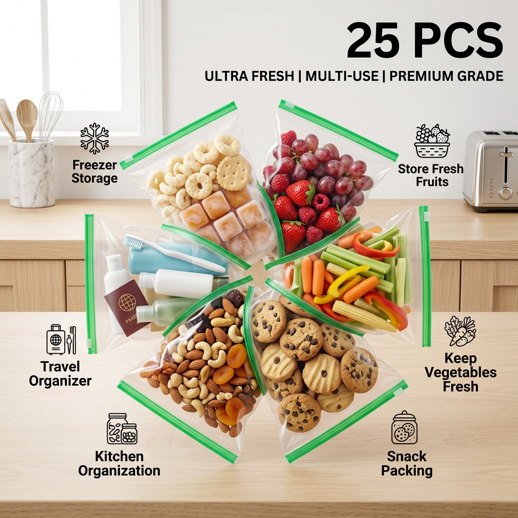 AI Design for Premium ecommerce infographic, same transparent green ziplock bags, displayed in a flower-shaped arrangement showing multiple uses in one image: fruits, vegetables, cookies, dry fruits, baby snacks, travel accessories. Clean white and light wood background, luxury kitchen aesthetic, realistic shadows, sharp focus, highly detailed product texture. Add attractive icons and short labels: Store Fresh Fruits, Keep Vegetables Fresh, Snack Packing, Freezer Storage, Travel Organizer, Kitchen Organization. Large bold 25 PCS text, trust-building design, Meesho high-conversion listing image, ultra realistic 4K.