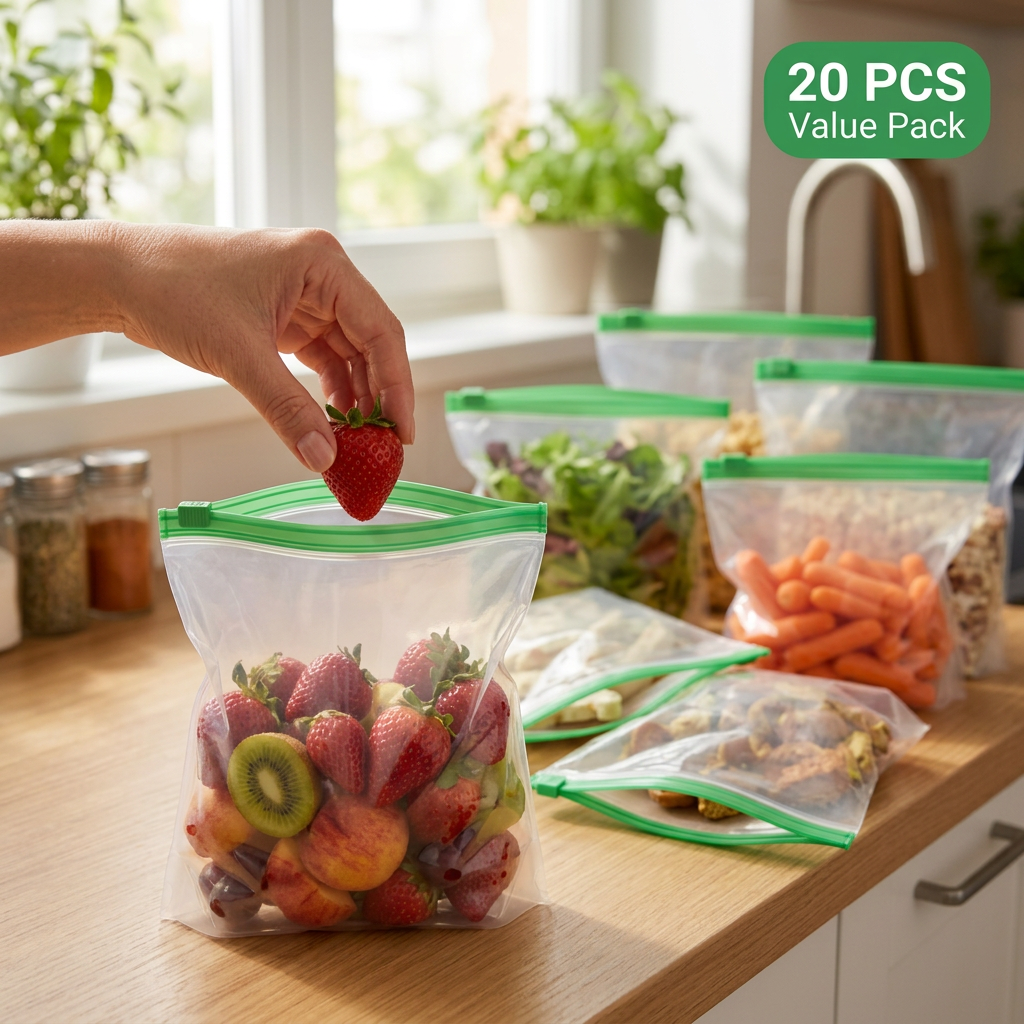 AI Design for Generate a real-looking kitchen lifestyle image for 20 reusable zipper storage bags, same size and same green zip top, one hand pulling a strawberry from the front bag, other filled bags casually placed behind, realistic reflections, natural daylight, premium but genuine home-use appearance, ultra realistic 4K.