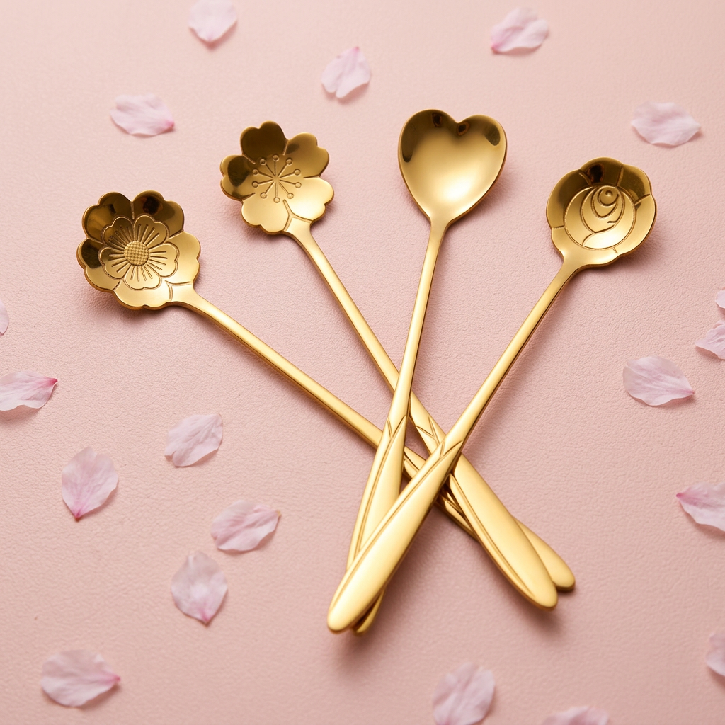 AI Design for Same gold floral spoon set, same dimensions and design, arranged in fan-shaped layout, soft blush pink background with scattered cherry blossom petals, premium beauty aesthetic style, sharp focus, realistic reflections, product filling 85-90% frame, ultra realistic ecommerce photography, 4K.