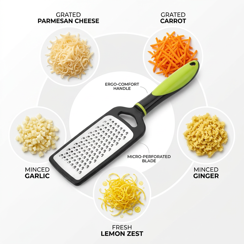 AI Design for Use the exact same grater in center, same color and design. Around the grater show realistic grated cheese, carrot, garlic, ginger and lemon zest in separate circular sections. Clean infographic style, premium white background, modern e-commerce design, ultra realistic product photography, Meesho best-selling image style, highly attractive and informative.