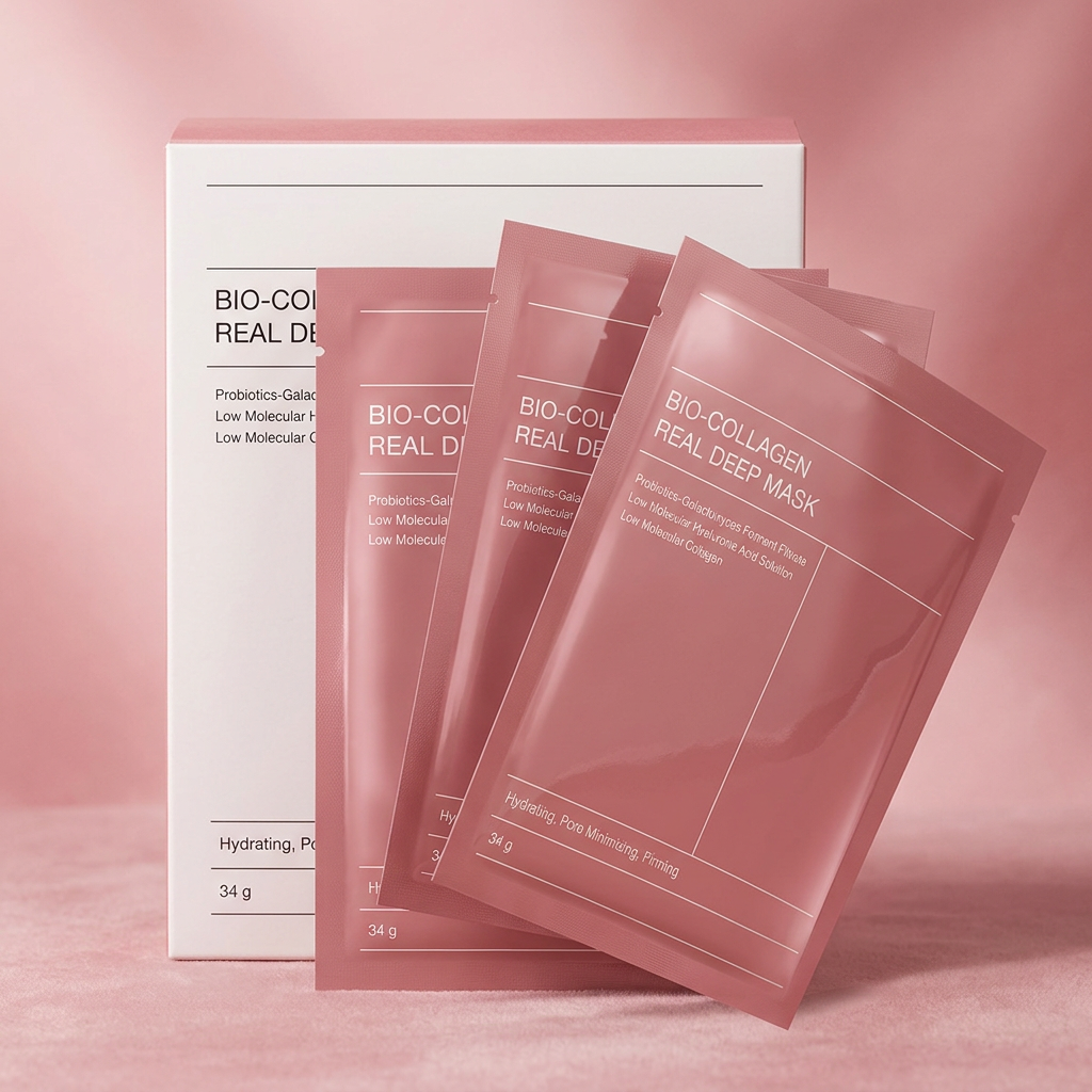 AI Design for Keep the same BIO COLLAGEN REAL DEEP MASK box and same pink packet design exactly as reference, no logo change, no color change, no text modification. Create 4 identical packets arranged in a fan shape in front of the original box, packets at different angles for depth. Luxury soft pink gradient background, premium skincare commercial lighting, clean studio setup, glossy reflections, product occupies 85% frame, ultra realistic cosmetic photography, Amazon bestseller style, high CTR, 4K ultra HD.