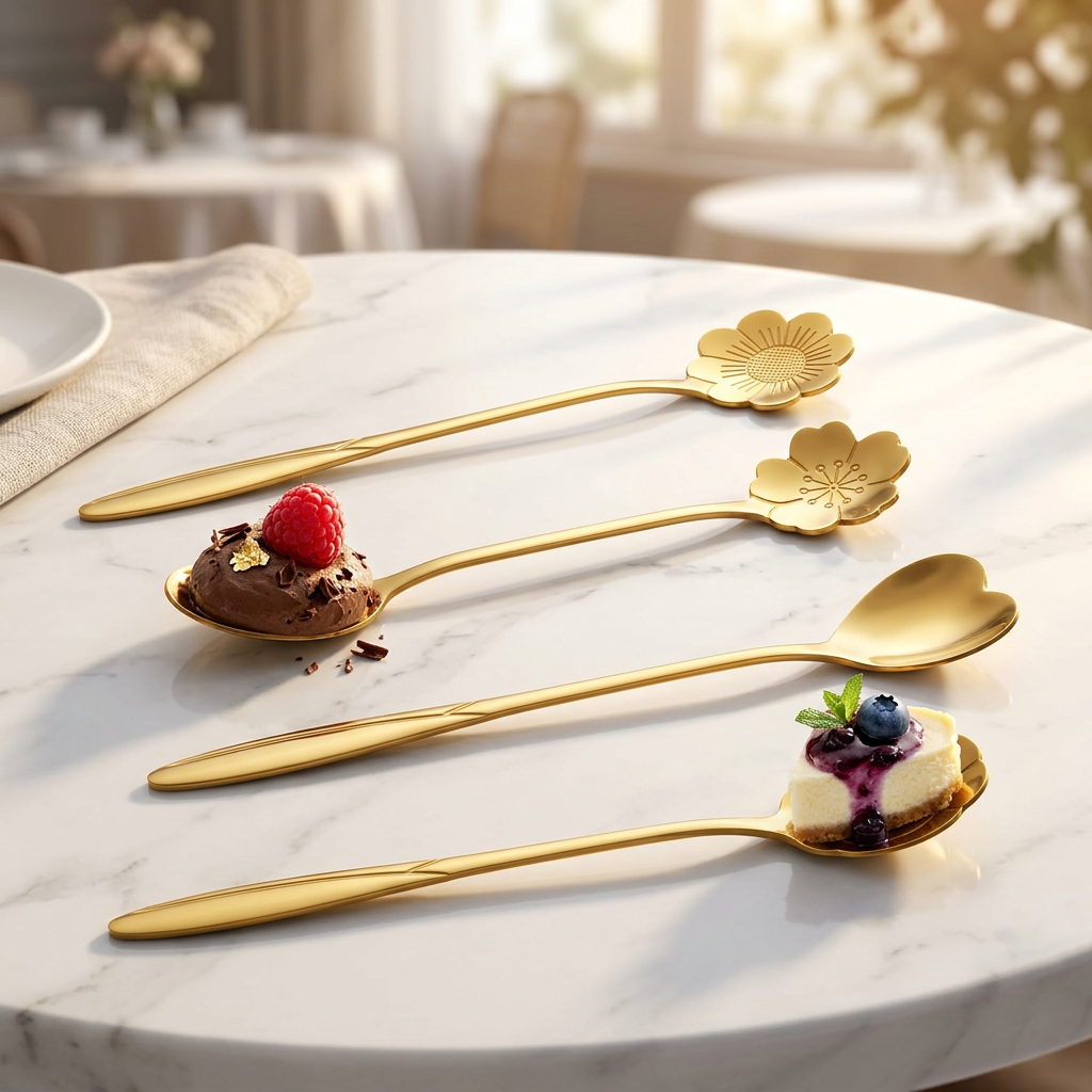 AI Design for Keep the same gold flower and heart spoons exactly as reference, same size, same color, same design. One spoon holding premium chocolate mousse, another holding blueberry cheesecake, placed on luxury white marble table. Soft golden sunlight, elegant café atmosphere, shallow depth of field, premium dessert styling, spoons in sharp focus, luxury product photography, ultra realistic, 4K, Amazon A+ content style.