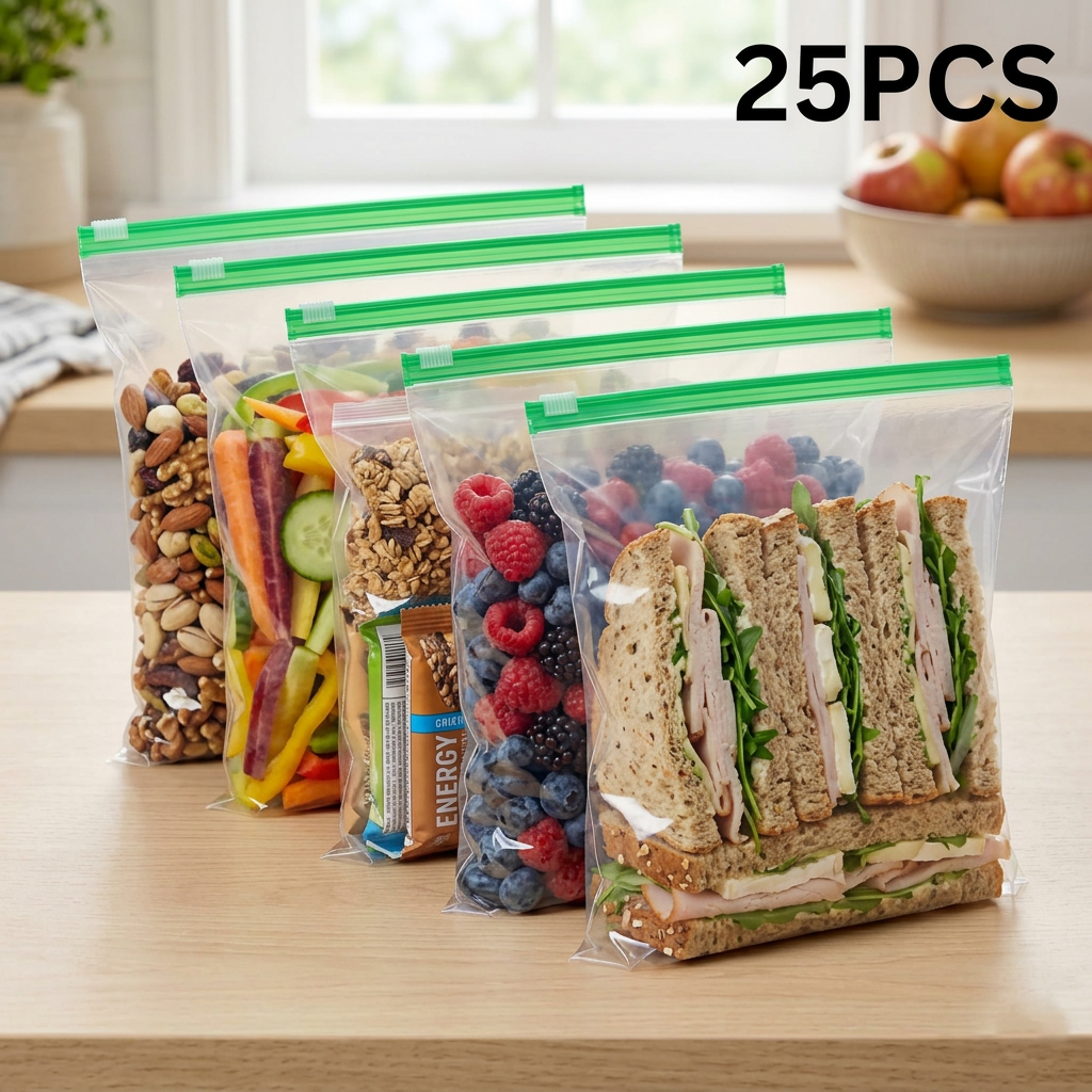 AI Design for 5 reusable transparent storage bags with identical green zip seal and size, arranged in a fan shape perspective, different food items inside (sandwiches, fruits, snacks, vegetables, nuts), front-facing hero product shot, blurred luxury kitchen background, natural lighting, realistic plastic texture, product occupying 85% frame, premium Meesho listing image, highly detailed, 25 PCS text top right, ultra realistic, commercial photography, 4K.