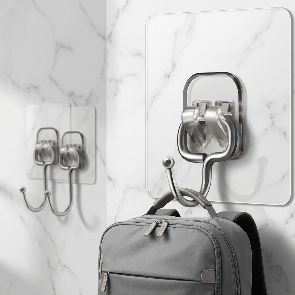 AI Design for Same hook and color. One lightweight backpack hanging from the hook to demonstrate strong holding power. Modern room wall, realistic shadows, premium ecommerce photography.