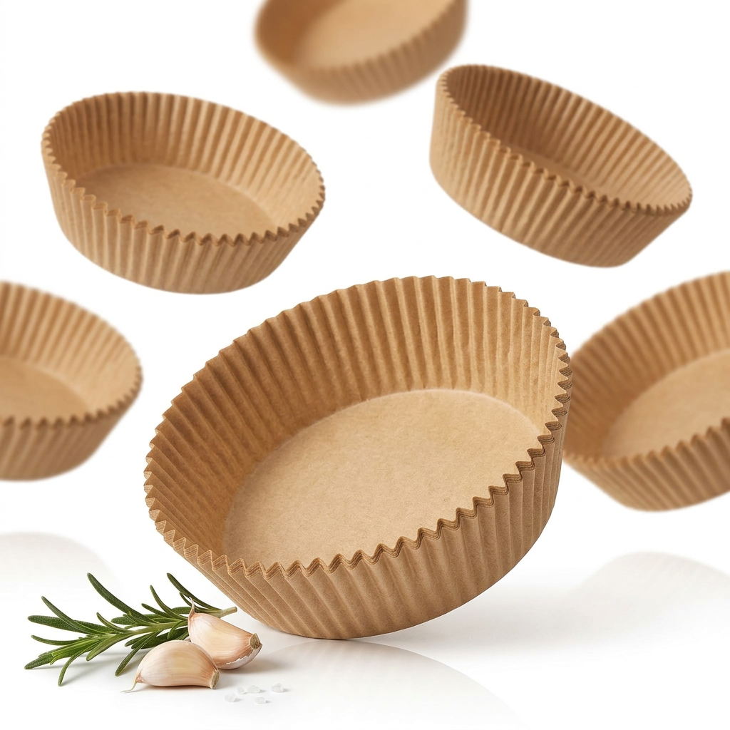 AI Design for Exact same round air fryer paper liners, same dimensions and color. Multiple liners floating artistically above white background, one fully opened liner showing depth and thickness. Soft shadows, premium studio lighting, product-focused composition, luxury e-commerce catalog style, ultra realistic details, clean background, 4K product photography.