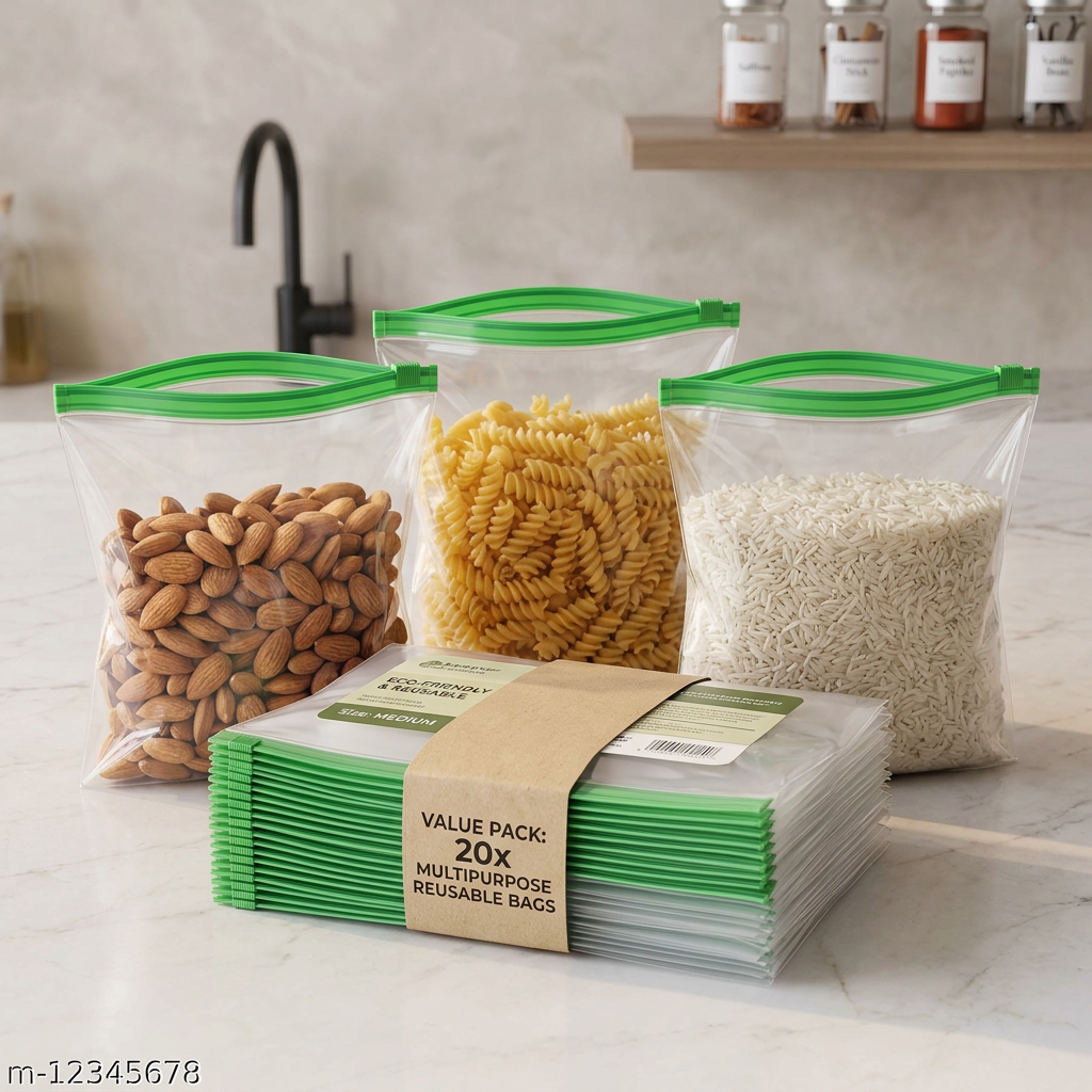 AI Design for Create a premium Meesho catalog image showing a compact bundle of 20 transparent storage bags tied with a simple paper band. Same green zipper lock and same dimensions as reference. One bag open and filled with almonds, one with pasta, one with rice. White marble surface, modern kitchen blur background, realistic lighting. Focus on compactness, value pack, easy storage, lightweight feel. Ultra realistic commercial photography, customer attention grabbing, high CTR, bestseller product image, clean and professional.