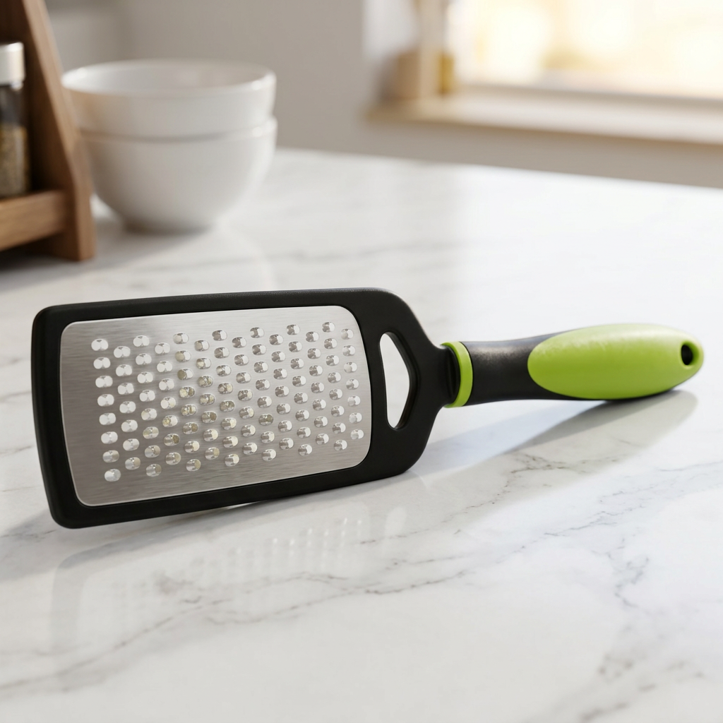 AI Design for Use the exact same grater, same dimensions and colors. Position it horizontally on a clean white marble surface with a soft out-of-focus premium kitchen background. Product occupies 85% of frame, sharp focus on grating holes and ergonomic handle, bright natural lighting, professional kitchen accessories catalog style, ultra realistic, Meesho high-conversion main image, 4K quality.
