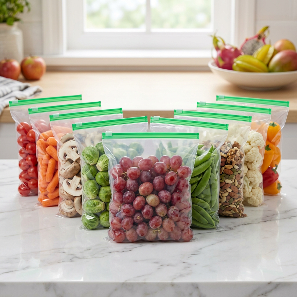 AI Design for 8 same bags arranged in a V-shaped composition, center bag highlighted, different foods, luxury countertop, clean bright environment, realistic reflections, premium aesthetic, 4K product photography.