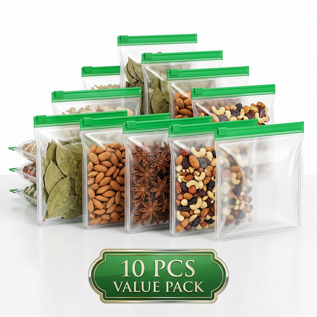 AI Design for Professional studio photograph of 10 PCS reusable food storage bags stacked neatly. Front bags display different kitchen ingredients. White background, glossy reflections, premium shadows, luxury kitchen aesthetic. Add elegant badge "10 PCS VALUE PACK". High-end Amazon product photography style.