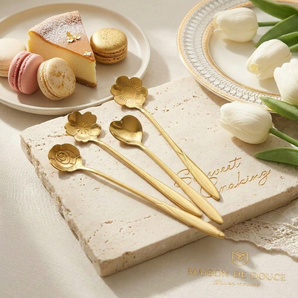 AI Design for Same gold spoon set, arranged beside cheesecake, macarons and dessert plate, luxury bakery presentation, soft natural lighting, product clearly visible and occupying 85% frame, premium ecommerce image, ultra realistic 4K.