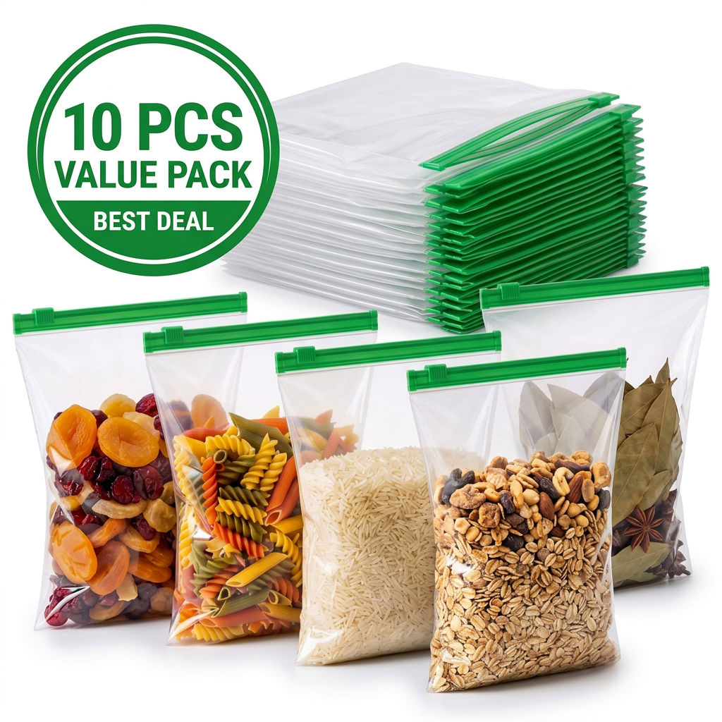 AI Design for High-converting Meesho main image featuring 10 reusable storage bags. Large stack in background and filled bags in foreground. Display colorful dry fruits, grains, pasta, spices, oats. Add bold green badge reading "10 PCS VALUE PACK". White clean background, premium product lighting, ultra-HD, centered composition.