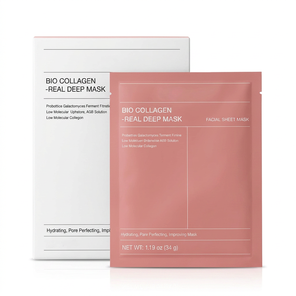 AI Design for Keep the same BIO COLLAGEN REAL DEEP MASK box and same pink packet exactly as reference, no changes to packaging, logo, color, text, shape, or design. Large front-facing packet positioned slightly in front of the box, both centered on pure white background (#FFFFFF), product occupies 90% of frame, crystal-clear packaging details, premium skincare commercial photography, soft studio lighting, realistic shadows, ultra sharp focus, luxury Korean skincare brand aesthetic, Amazon best-seller style, professional ecommerce product photography, 4K ultra HD.