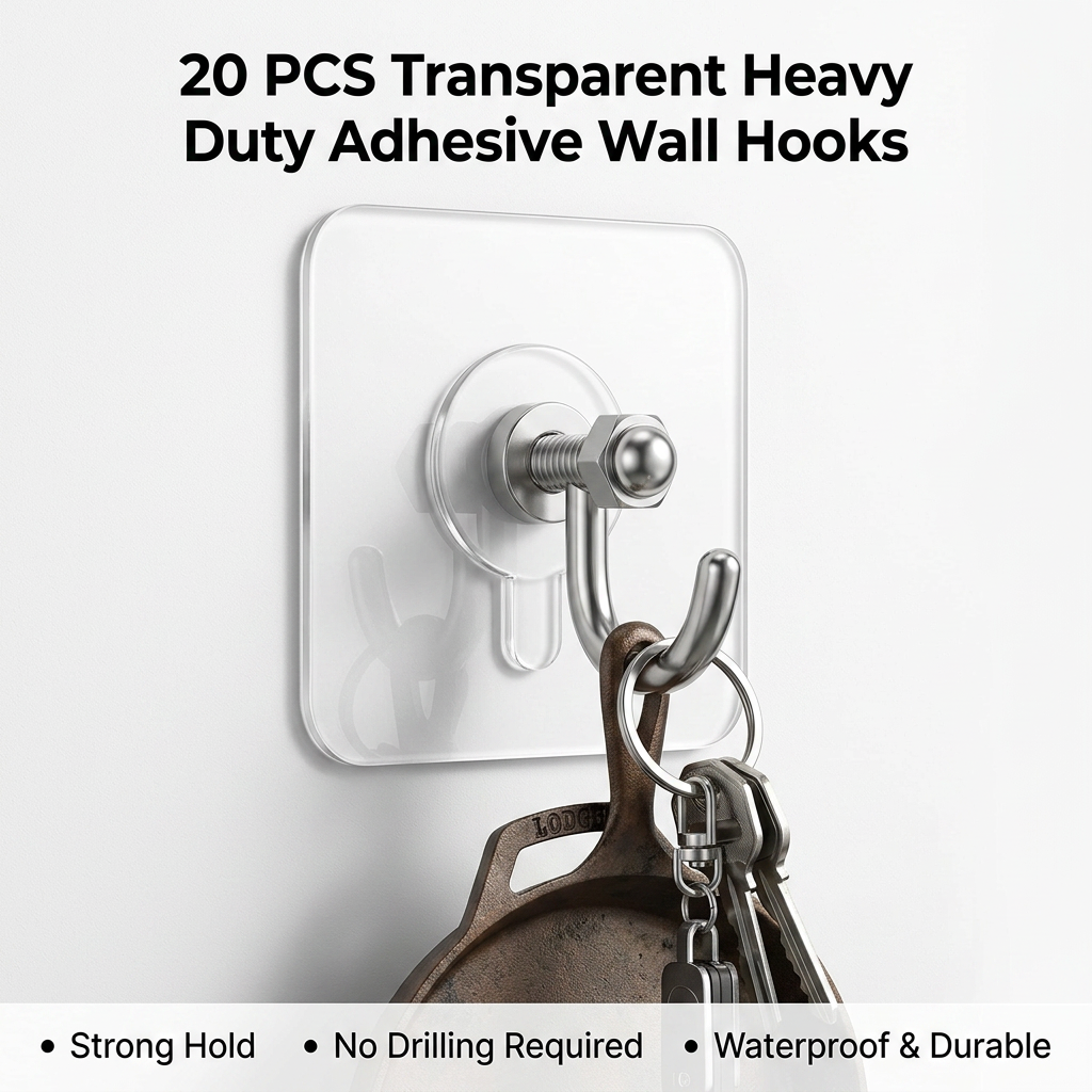 AI Design for Create a professional e-commerce product image of a transparent self-adhesive wall hook with a strong stainless steel hook mounted on a clean white wall. Show only one hook holding a hanging kitchen utensil, towel, keychain, bag, or headphones to demonstrate its strength and functionality. Crystal-clear acrylic adhesive base, modern minimalist design, realistic shadows, premium product photography, ultra-HD quality, white background, Amazon-style listing image. Add attractive marketing text: "20 PCS Transparent Heavy Duty Adhesive Wall Hooks", "Strong Hold", "No Drilling Required", "Waterproof & Durable". Clean composition, commercial advertising style, high conversion product image, photorealistic, 4K resolution.