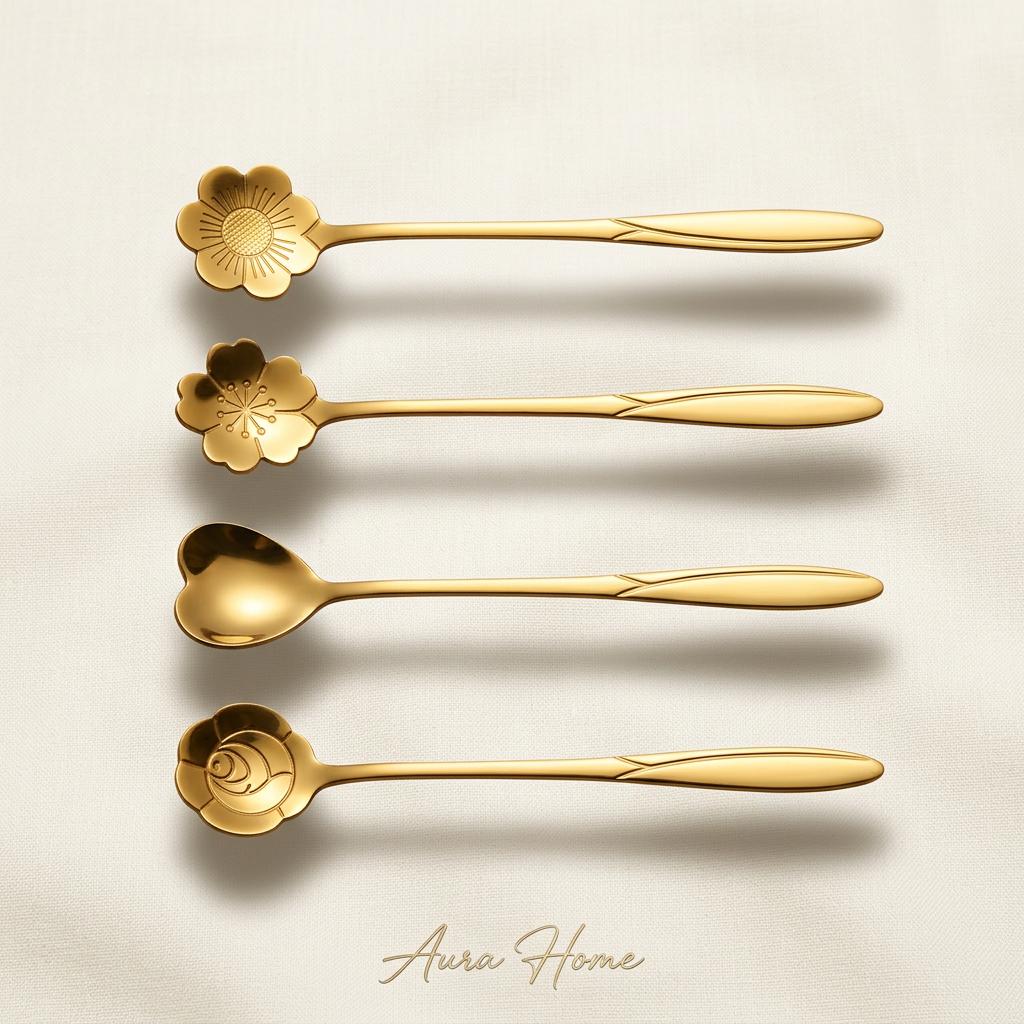 AI Design for "Reference product lock enabled. Preserve the exact same 4 gold flower spoons. Create a luxury floating product display on a clean cream background. Spoons arranged symmetrically with soft shadows beneath. High CTR ecommerce main image, premium studio lighting, realistic metallic reflections, modern luxury branding, ultra detailed, 8K."