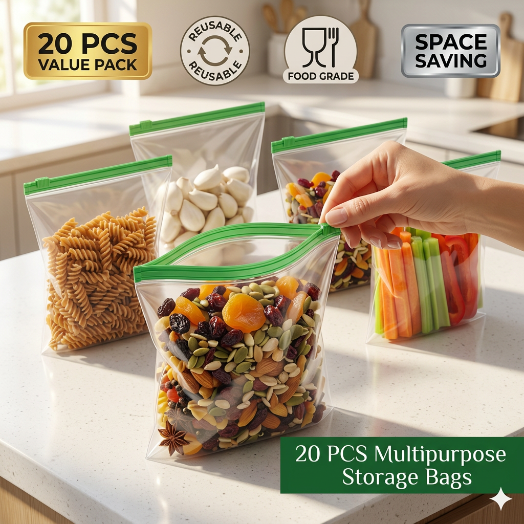 AI Design for Create a premium Meesho bestseller main image using the same transparent storage bags with the same green zipper lock, same size, and same shape as the reference product. Show one bag being opened by a hand while colorful dry fruits, pasta, snacks, almonds, and spices are visible inside. Remaining bags arranged neatly behind in a premium fan shape. Bright luxury kitchen background with soft sunlight. Product takes 90% of frame. Ultra-realistic product photography, sharp focus, clean shadows, high trust factor, mobile-friendly design. Add premium badges: "20 PCS Value Pack", "Reusable", "Food Grade", "Space Saving". Looks like a top-selling product with instant customer attention.