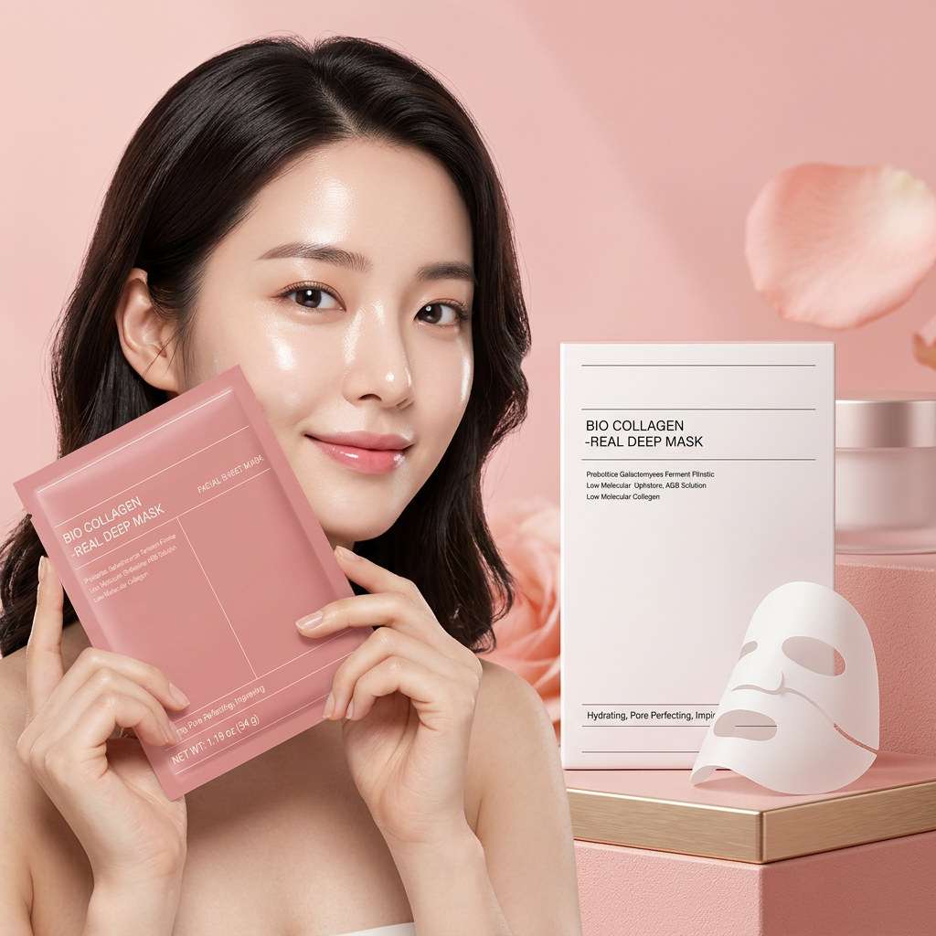 AI Design for Keep the same BIO COLLAGEN REAL DEEP MASK box and same pink packet exactly as reference, no changes to packaging, logo, color, text, or design. Beautiful young female skincare model with clear glowing skin holding the pink packet near her face, same product box displayed beside her on a luxury pink podium. Premium Korean skincare advertisement style, soft beauty lighting, pastel pink background, natural elegant pose, model looking at camera with healthy radiant skin, product occupies 70-80% of frame, packet text clearly visible, luxury cosmetic commercial photography, ultra realistic, high-end beauty brand aesthetic, Meesho main image, 4K ultra HD.