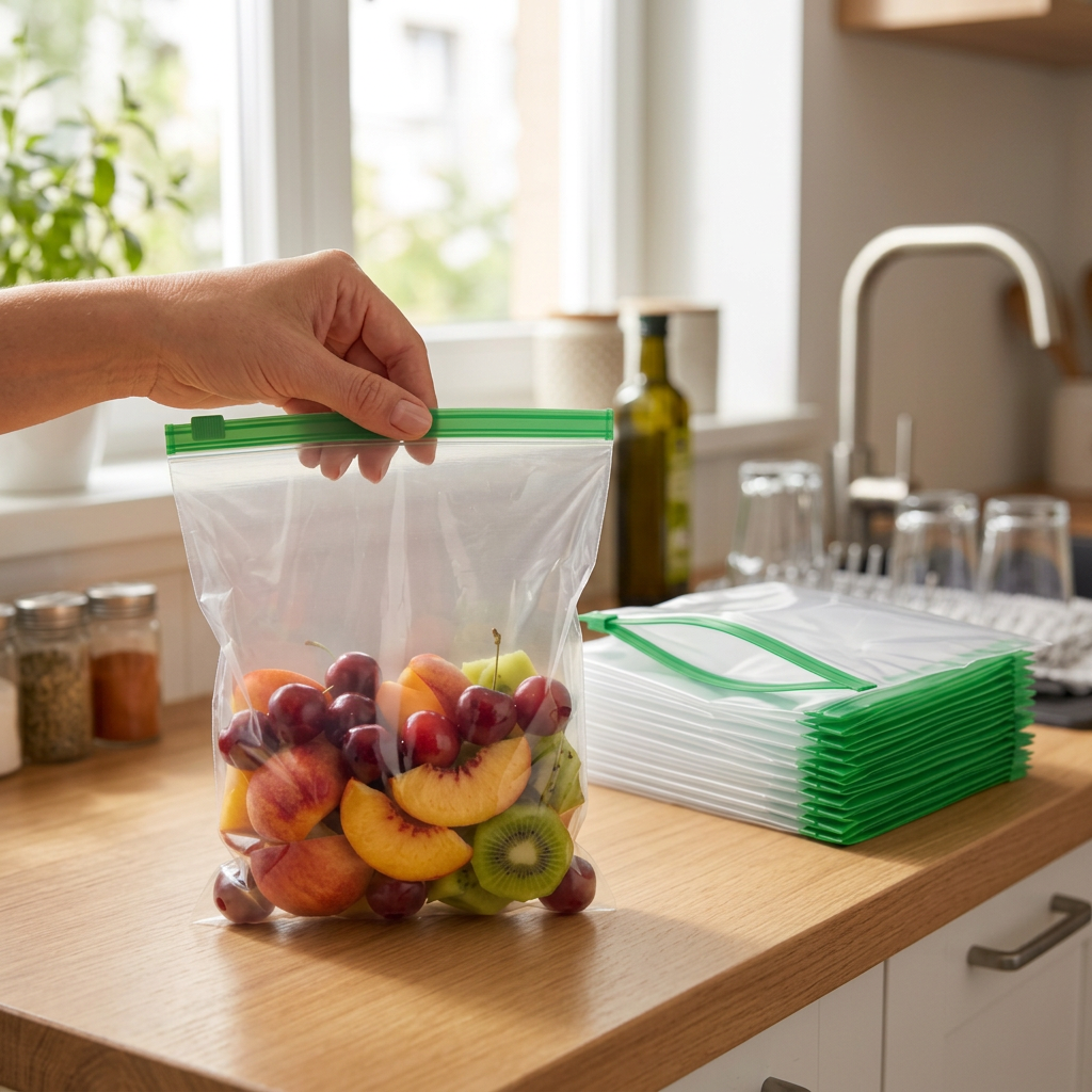 AI Design for Generate a photorealistic image of 20 pcs zipper storage bags, same green zip and same size, a female hand placing one filled bag on a wooden kitchen counter while other identical bags are arranged behind, natural kitchen setup, realistic fruit visibility, soft daylight, real household use look, no over-styled ad effect, 4K.