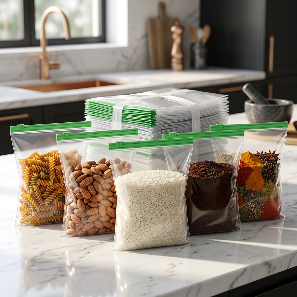 AI Design for Create an ultra-realistic e-commerce hero image featuring the same transparent reusable storage bags with the same green zipper lock, same size, and same material as the reference product. Display 5 bags in the front filled with colorful pasta, almonds, rice, coffee powder, and spices. Place the remaining bags neatly folded behind to represent a value pack. Luxury modern kitchen background with soft natural sunlight, white marble countertop, shallow depth of field. Product occupies 85% of the frame. Premium commercial product photography, realistic reflections, sharp focus, clean composition, bestseller appearance, high customer trust, professional catalog image, 4K quality.