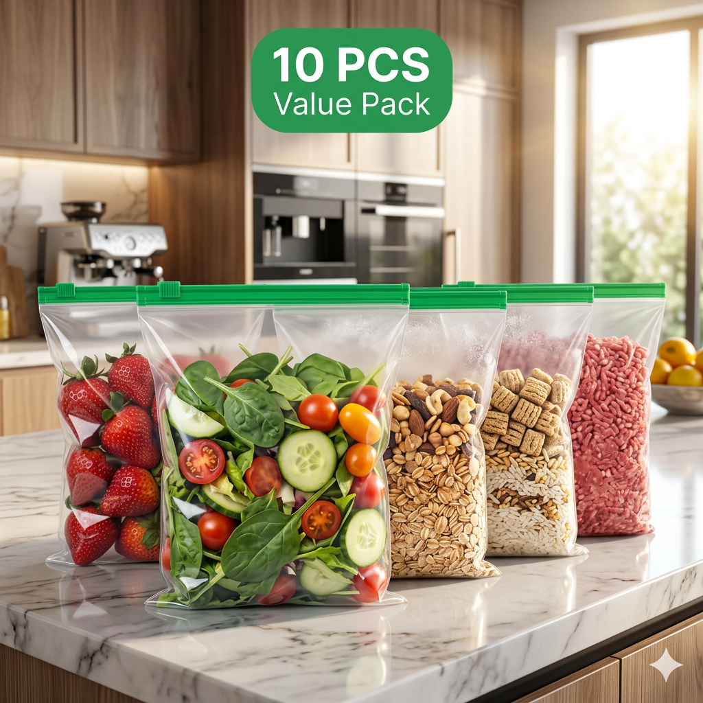 AI Design for Modern luxury kitchen countertop scene with identical transparent storage bags featuring the same green zipper. One hero bag positioned closest to camera, remaining bags arranged naturally behind. Fresh vegetables, dry fruits, rice, cereal and frozen food inside. Bright morning sunlight, blurred premium kitchen background, bold green "10 PCS VALUE PACK" badge, commercial product photography, high CTR e-commerce style.