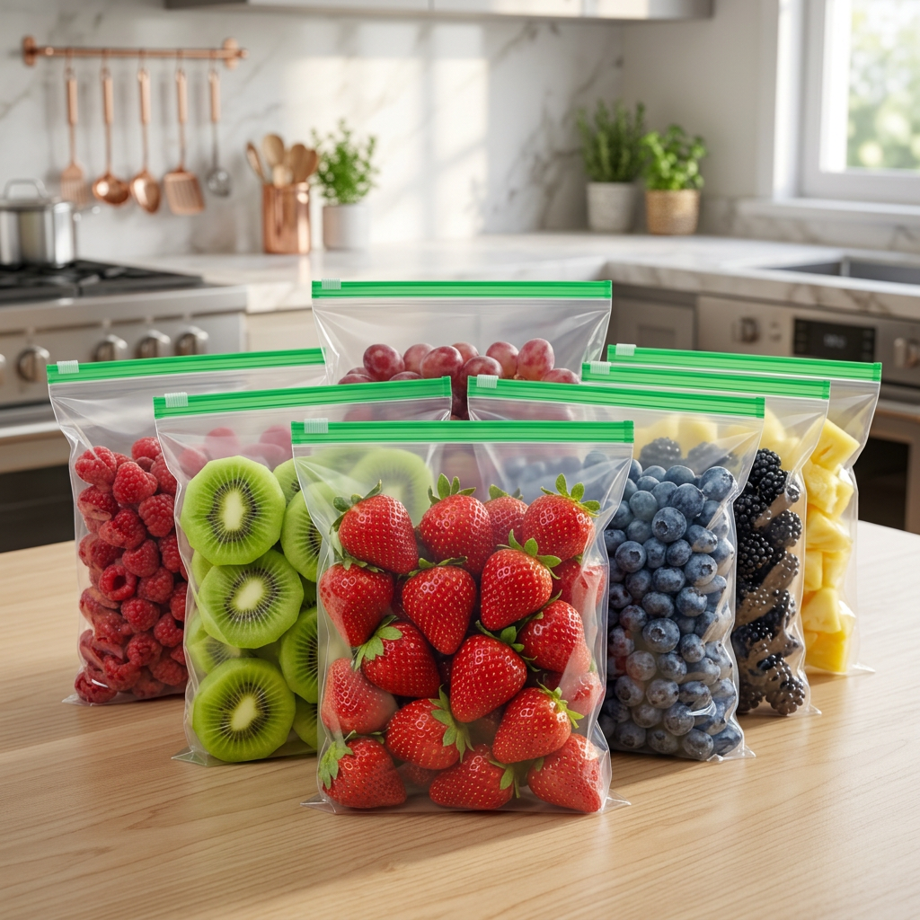 AI Design for Ultra realistic Meesho main image, same transparent storage bags, same green zipper color, same size, 7 bags arranged in a curved front-facing hero pose, strawberries bag in center, other bags slightly behind, luxury kitchen blur background, natural sunlight, premium product photography, 4K, high CTR, product occupies 85% frame.