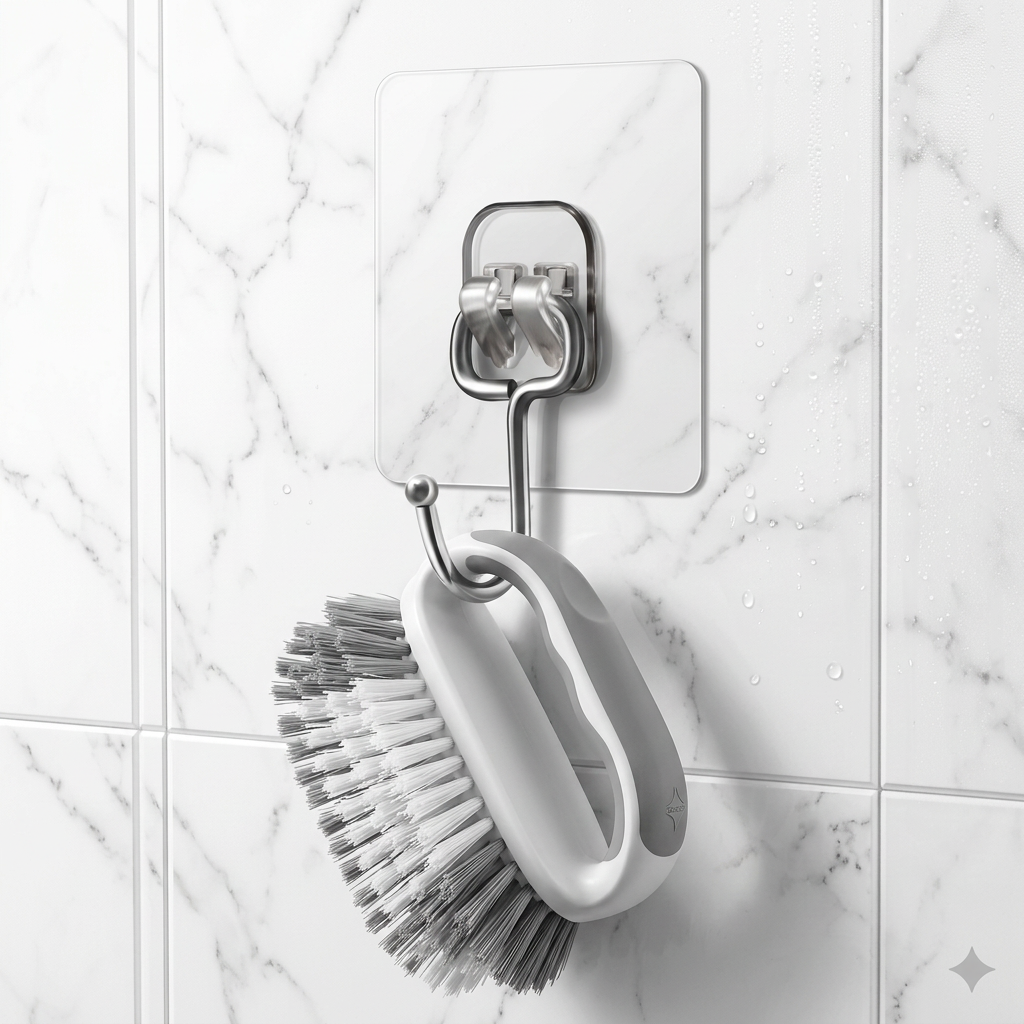 AI Design for Exact same adhesive hook. One bathroom cleaning brush hanging from the hook. Waterproof bathroom tiles background, realistic product usage demonstration, ultra HD.