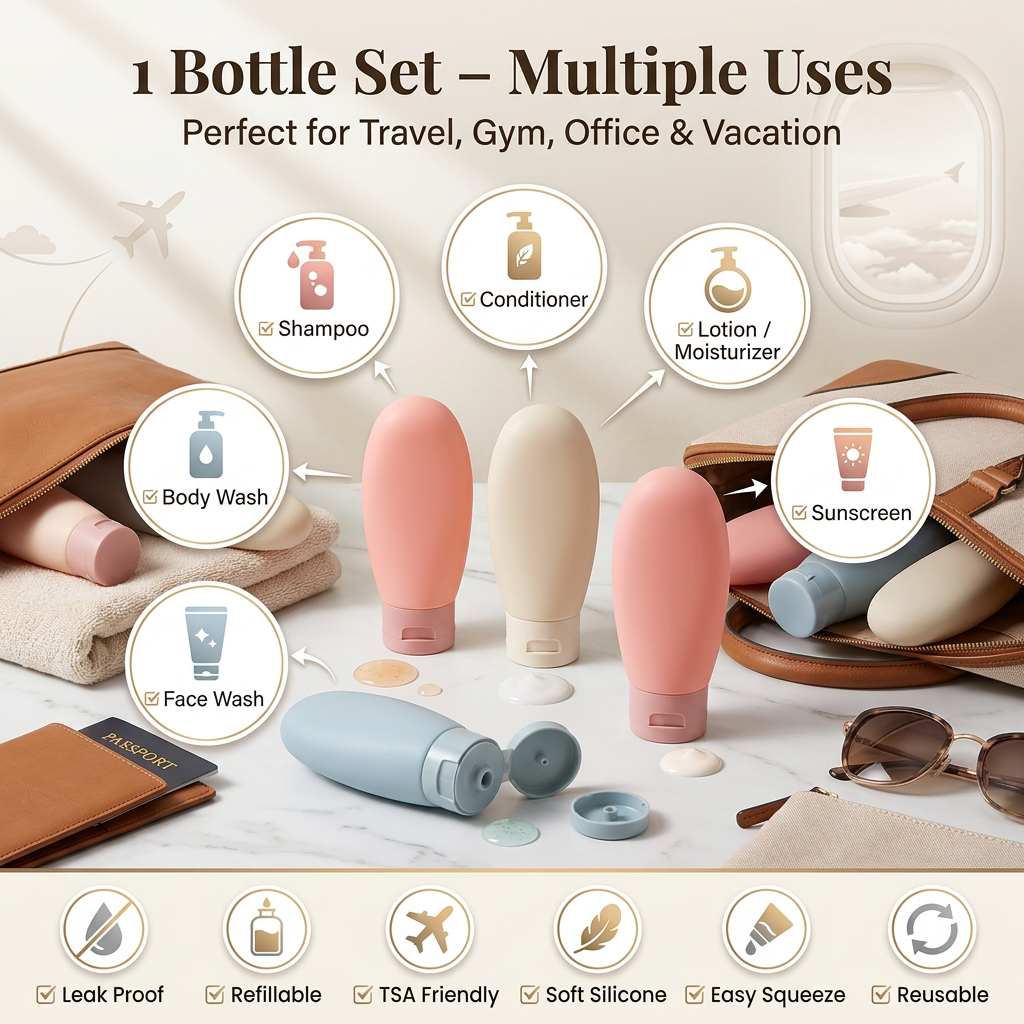 AI Design for Create a premium Meesho infographic image showing the same 3 silicone travel bottles (Pastel Pink, Cream Beige, Pastel Blue) exactly matching the reference product in shape, size, and color.

Place the 3 bottles large in the center. Around them show 6 realistic use cases with clean circular callouts and arrows:

✅ Shampoo
✅ Conditioner
✅ Body Wash
✅ Face Wash
✅ Lotion / Moisturizer
✅ Sunscreen

Create a luxury travel theme with:

Open travel bag
Passport
Sunglasses
Towel
Cosmetic pouch
Airport/travel aesthetic

Show small drops of shampoo, lotion, face wash, and body wash near the corresponding bottles to clearly indicate usage.

Headline:
"1 Bottle Set – Multiple Uses"

Subheadline:
"Perfect for Travel, Gym, Office & Vacation"

Add premium icons:
✔ Leak Proof
✔ Refillable
✔ TSA Friendly
✔ Soft Silicone
✔ Easy Squeeze
✔ Reusable

Style: Meesho A+ content, premium white and beige background, luxury travel photography, realistic shadows, ultra HD 4K, clean infographic layout, professional eCommerce design, high CTR, high conversion, customer instantly understands all uses at first glance.