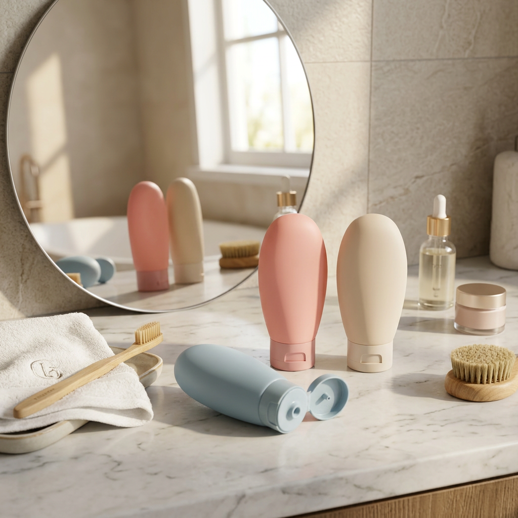 AI Design for Same bottles placed beside mirror, towel, toothbrush and skincare products on modern bathroom counter, natural sunlight, realistic home environment. FOCUS PRODUCT