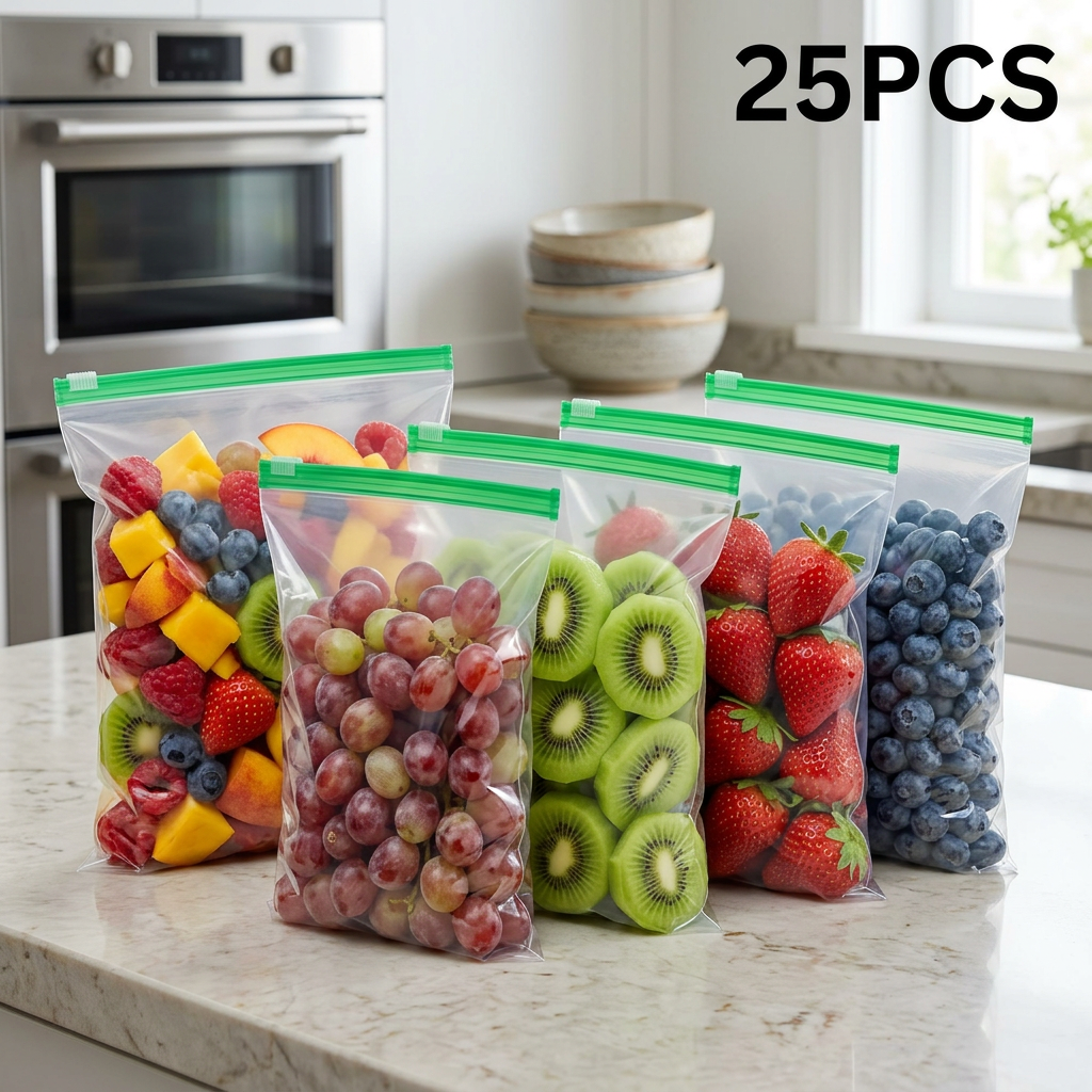 AI Design for 5 reusable freezer storage bags, same green zipper color and same size, standing upright in V-shape formation, filled with grapes, sliced kiwi, strawberries, blueberries and mixed fruits, camera slightly above eye level, luxury kitchen countertop background, shallow depth of field, ultra realistic packaging, Meesho main image style, product focus 90%, bold black "25 PCS" text, clean white lighting, 4K.