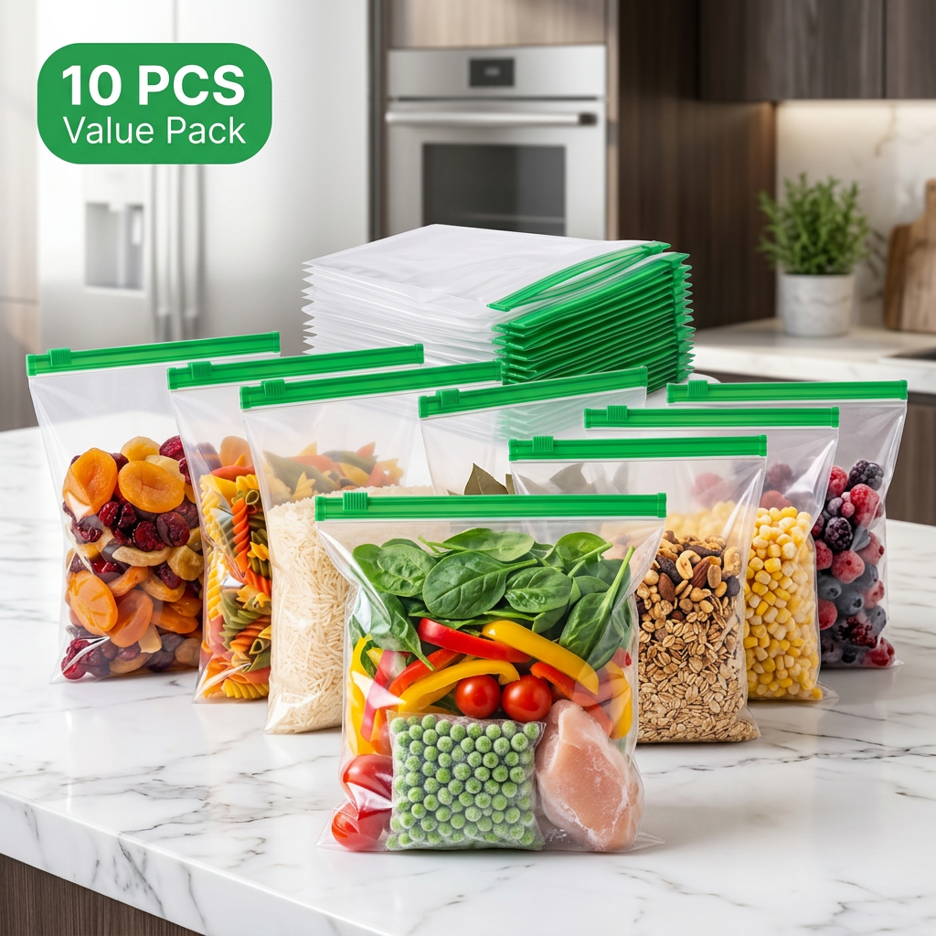 AI Design for Modern luxury kitchen countertop scene with identical transparent storage bags featuring the same green zipper. One hero bag positioned closest to camera, remaining bags arranged naturally behind. Fresh vegetables, dry fruits, rice, cereal and frozen food inside. Bright morning sunlight, blurred premium kitchen background, bold green "10 PCS VALUE PACK" badge, commercial product photography, high CTR e-commerce style.