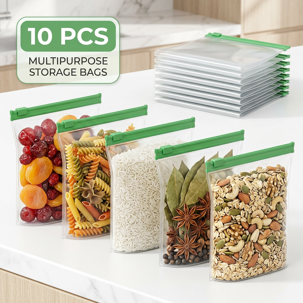 AI Design for Generate an e-commerce hero image of 10 PCS reusable zip bags arranged professionally with realistic food items. White premium background, soft daylight effect, luxury kitchen styling, crisp details. Include modern green badge with "10 PCS" and subtle subtitle "Multipurpose Storage Bags". Hyper realistic, commercial photography.