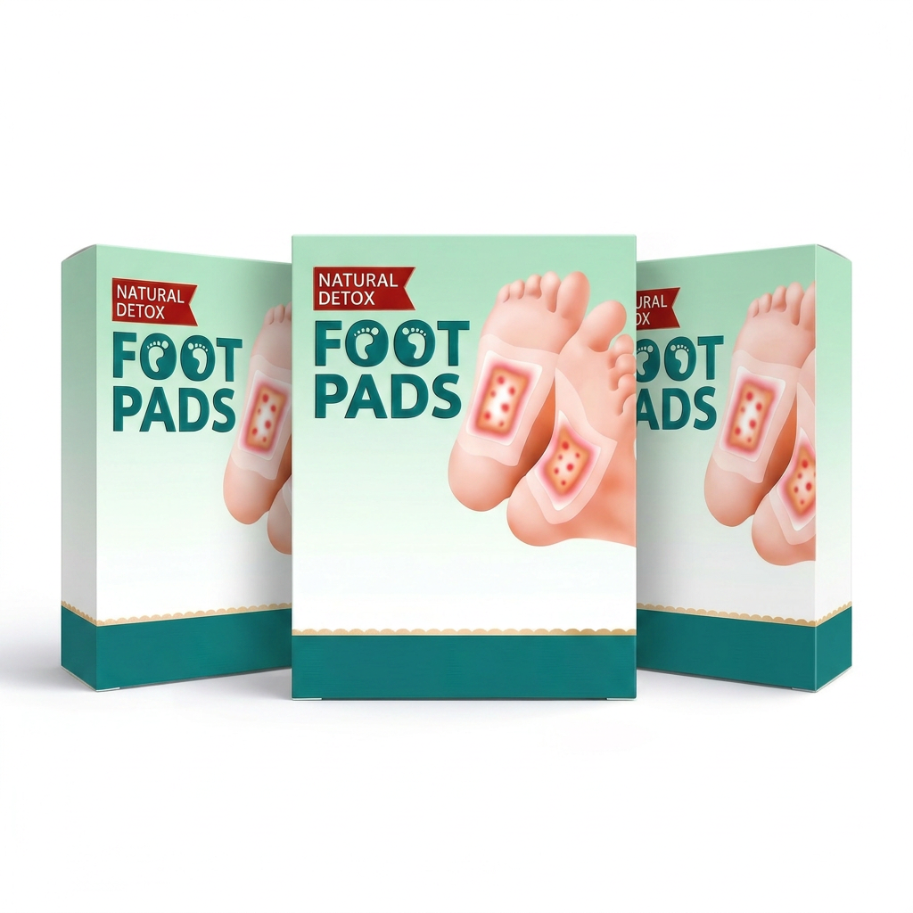 AI Design for Ultra realistic e-commerce main image, 3 Natural Detox Foot Pads boxes only, center box front facing, left and right boxes at 45-degree angle, pure white background, no text, no props, no leaves, no human model, premium studio lighting, soft natural shadow, sharp packaging visibility, high CTR marketplace design, Amazon Flipkart Meesho style, professional product photography, realistic depth, ultra HD 8K, high conversion product image.