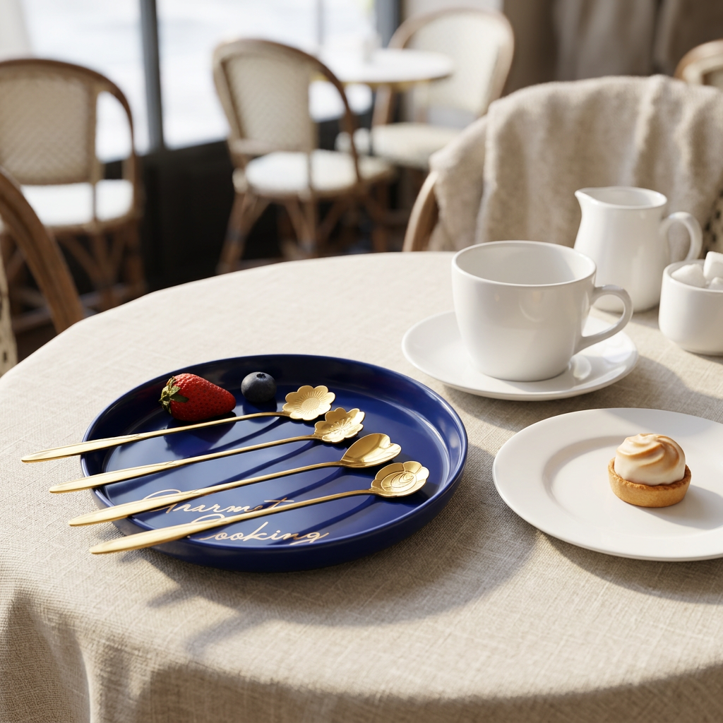 AI Design for "Keep the uploaded spoon set exactly identical. Place beside a white ceramic coffee cup and dessert plate on a light beige table. Elegant cafe atmosphere, natural sunlight, luxury lifestyle photography, premium ecommerce thumbnail, clean composition, realistic reflections, 8K quality."