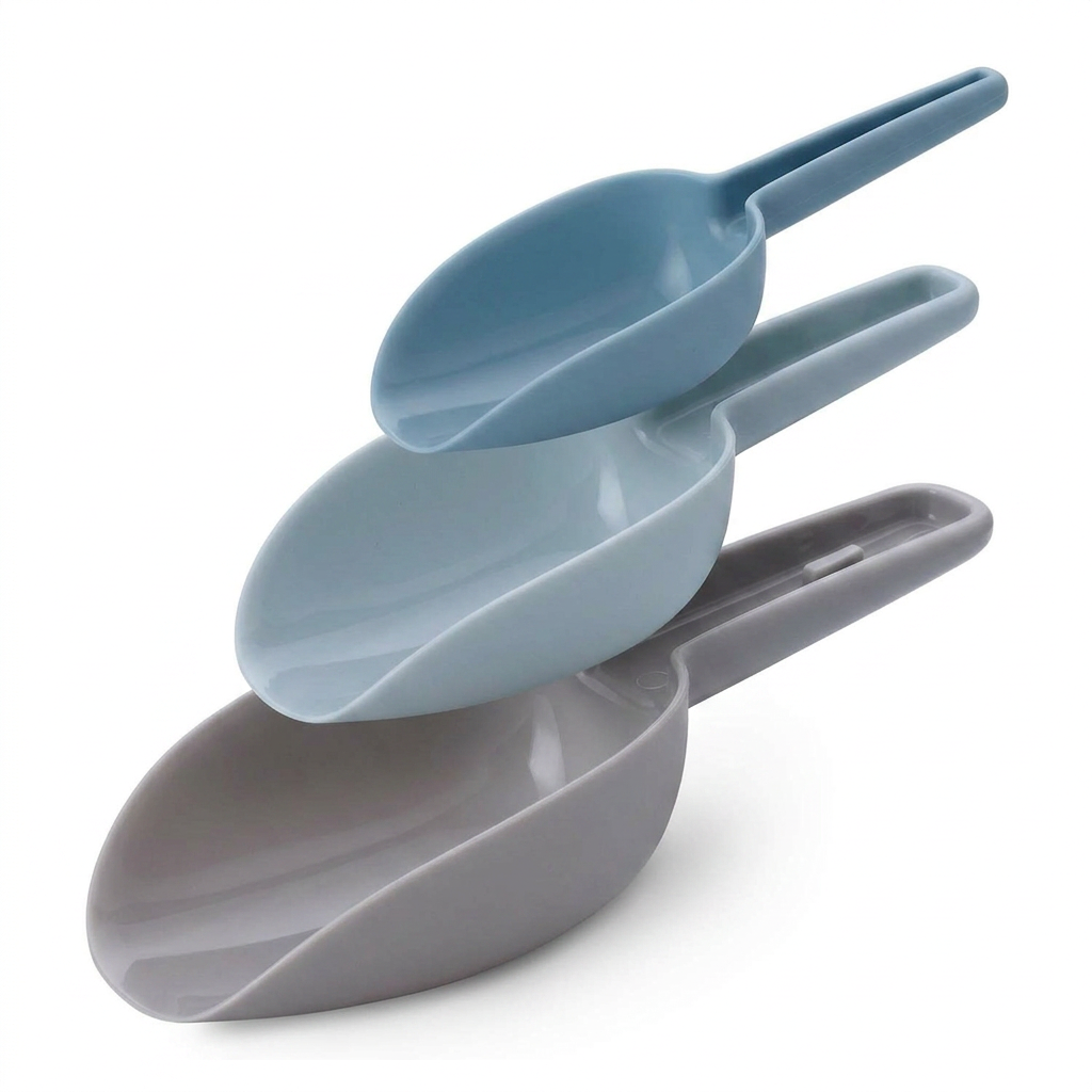 AI Design for Exact same scoop set, same colors and size, three scoops arranged like staircase steps ascending upward, modern white background, premium product photography, realistic plastic texture, sharp focus, high CTR Meesho listing image, ultra HD.