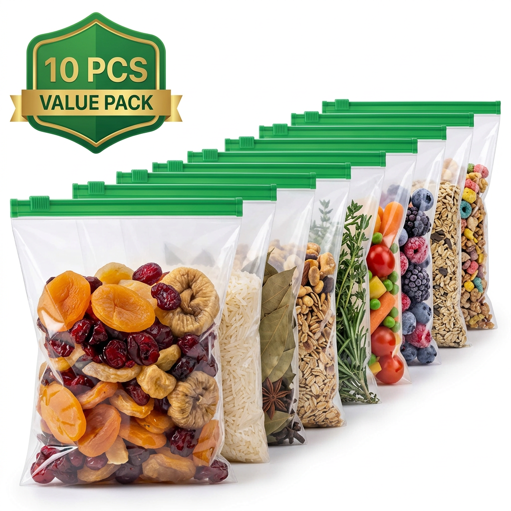 AI Design for Award-winning commercial product photography of identical transparent reusable zip lock storage bags with same green zipper and exact dimensions. One hero bag facing camera at 30-degree angle while remaining 9 bags form a clean diagonal line behind. Filled with premium dry fruits, vegetables, fruits, cereals, spices and frozen foods. Pure white background, premium glossy reflections, ultra HD 8K quality, bold green "10 PCS VALUE PACK" badge, minimal composition, luxury packaging photography, Amazon and Meesho bestseller style, extremely high click-through rate, customer trust, premium retail advertising.