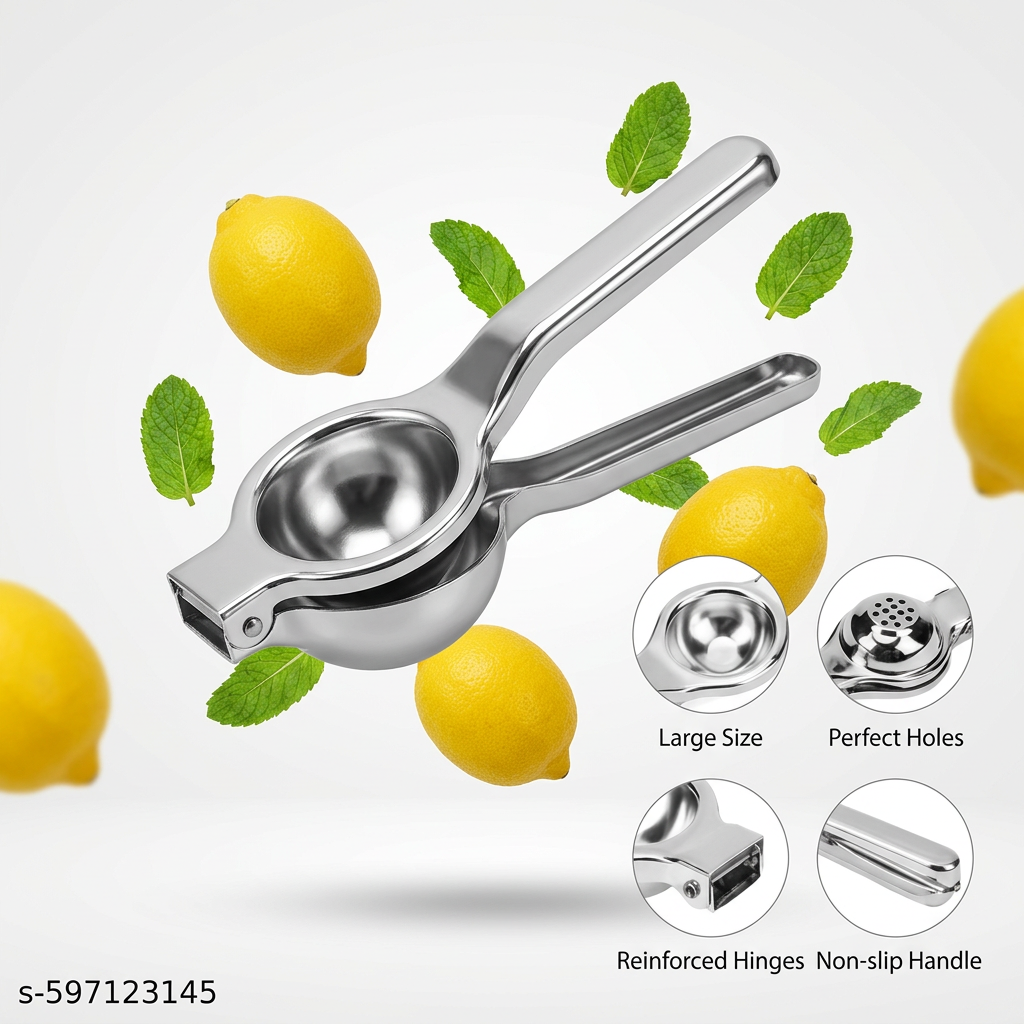 AI Design for Exact same metal lemon squeezer floating in air, dynamic 45-degree angle, fresh lemons and mint leaves suspended around product, luxury white background, soft reflections, realistic steel texture, premium product photography, Meesho main image, ultra HD 4K.