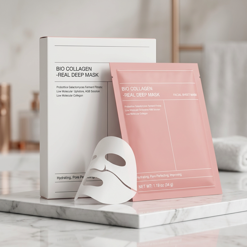 AI Design for Same original box and packet, packet standing diagonally in front of box, displayed on elegant white marble podium, luxury beauty studio setup, soft premium lighting, minimal background, realistic reflections, high-end Korean skincare advertisement style, product covers 80-85% frame, ultra realistic, Amazon click-magnet main image, 4K.
