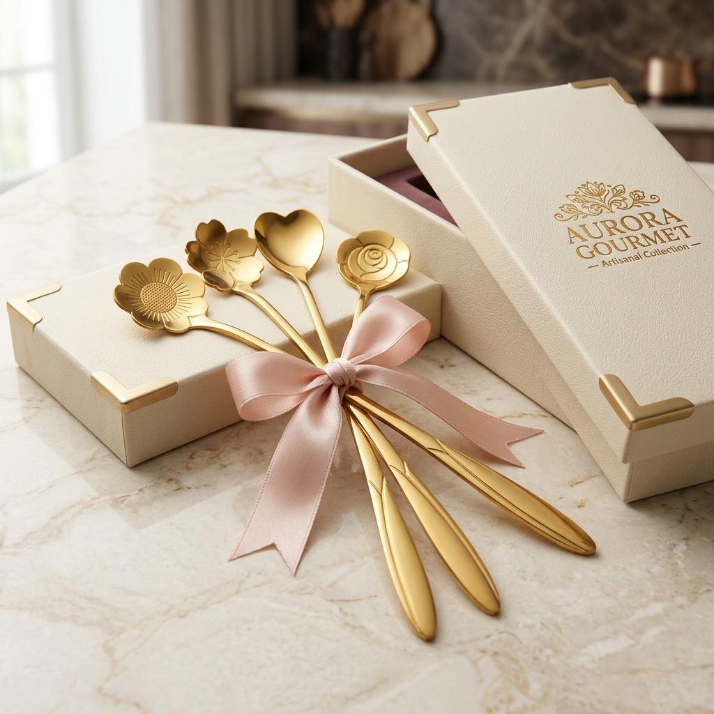 AI Design for Same gold floral spoon set, tied with elegant satin ribbon beside luxury gift box, cream aesthetic background, premium gifting concept, product remains main focus, luxury advertisement photography, ultra realistic, high CTR Meesho image, 4K.