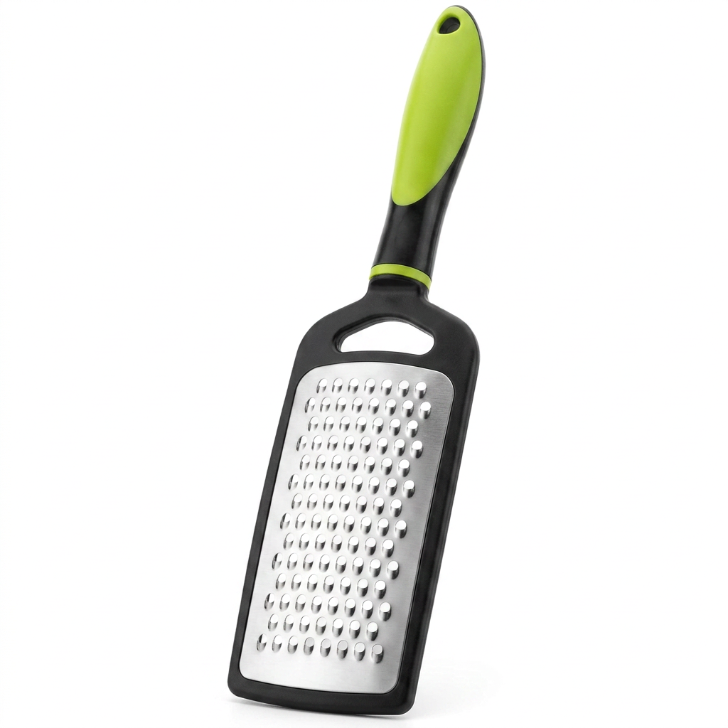 AI Design for Use the exact same grater from the reference image. Position the grater almost vertically at an 85-degree angle, standing upright with slight perspective depth. Highlight the stainless steel grating holes and ergonomic green-black handle. Pure white background, premium studio lighting, realistic reflections, ultra detailed product photography, Amazon main image style, no extra objects, 4K ultra HD, high conversion listing quality.