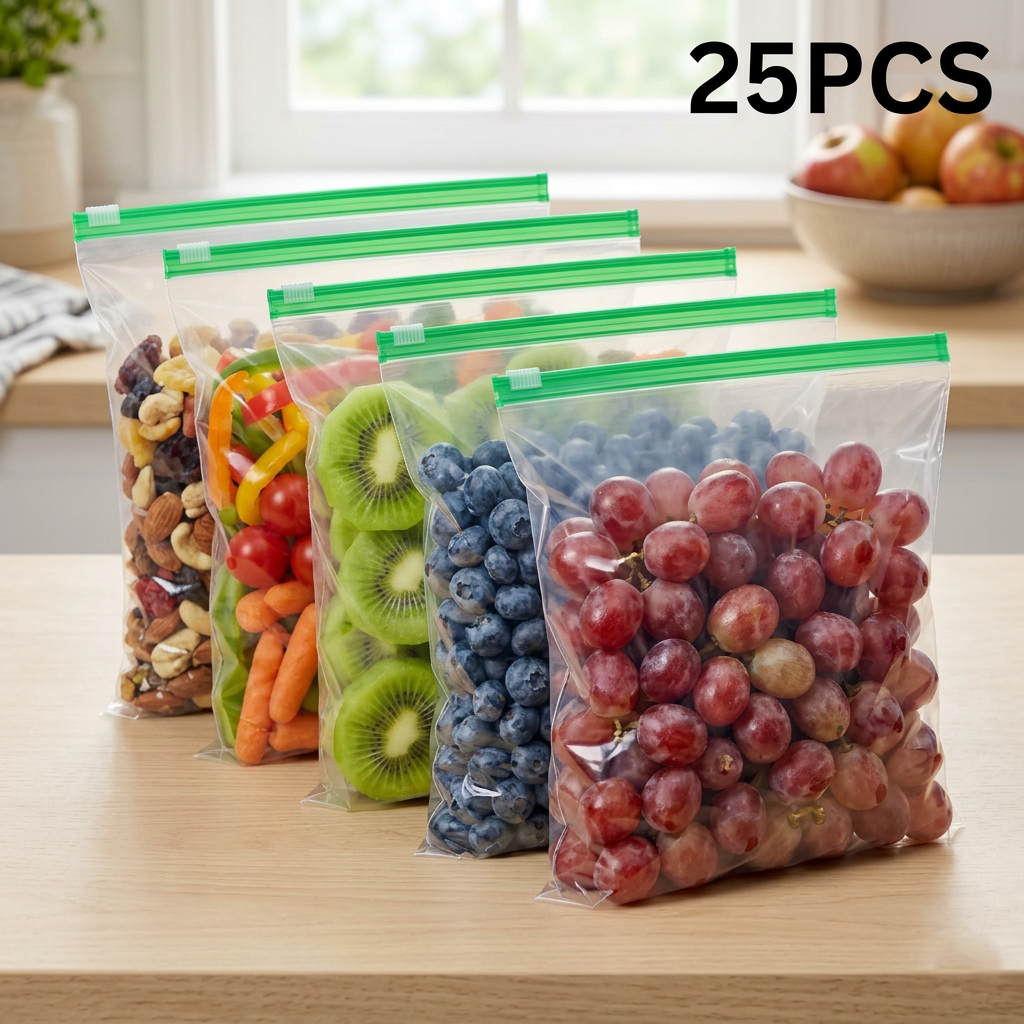 AI Design for Ultra realistic product photography of 6 transparent reusable zip-lock storage bags, same green zipper color and same size as reference, arranged in a stylish staggered row on a light wooden kitchen table, each bag filled with different fresh foods (grapes, strawberries, kiwi slices, blueberries, mixed vegetables, dry fruits), front bag closest to camera, 45-degree angle view, bright natural daylight from window, clean modern kitchen background, high sharpness, premium e-commerce photography, Meesho main image style, realistic reflections, soft shadows, bold black "25 PCS" text in top right corner, 4K ultra HD, white and clean aesthetic.