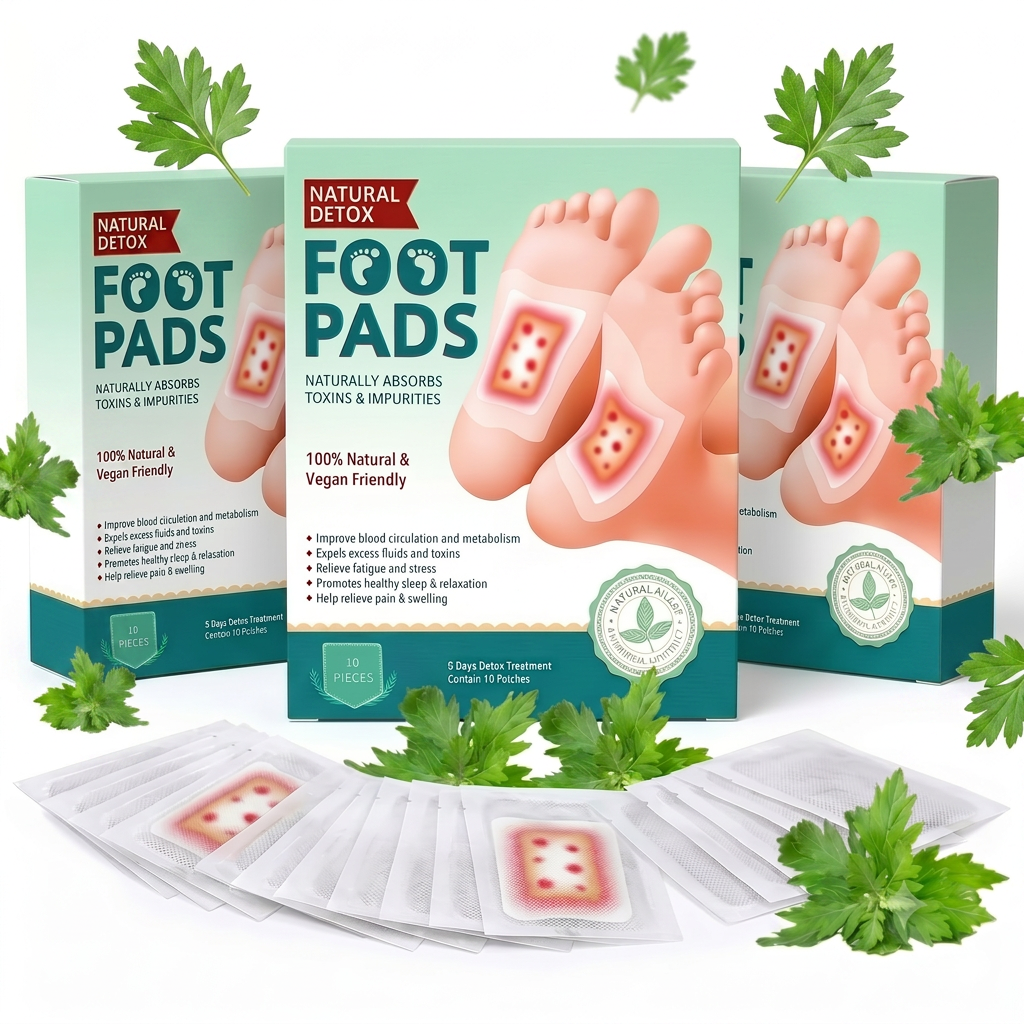 AI Design for Three Natural Detox Foot Pads boxes arranged in V-shape composition, center box front facing, side boxes tilted inward, sachets placed symmetrically around boxes, floating green leaves for freshness effect, premium white background, realistic lighting, luxury product advertising style, customer attention grabbing layout, Meesho top-selling product image, ultra realistic packaging details, clean healthcare branding, professional studio photography, sharp focus, high CTR design, 8K ultra HD.