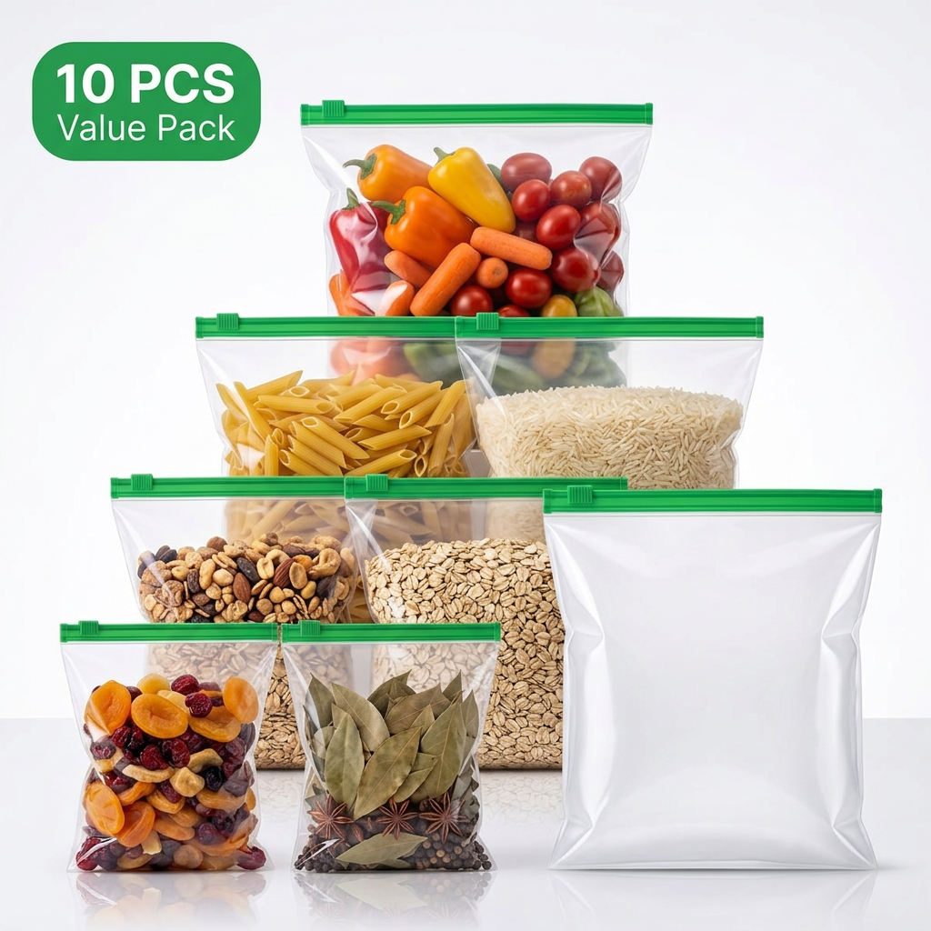 AI Design for Premium studio image of identical reusable zipper storage bags with same green zipper color. Build a pyramid using filled bags while one empty bag stands in front as hero product. Foods include pasta, rice, oats, spices, nuts, vegetables and fruits. White seamless background, luxury reflections, commercial advertising photography, bold "10 PCS VALUE PACK" badge, premium Meesho main image, realistic plastic texture.