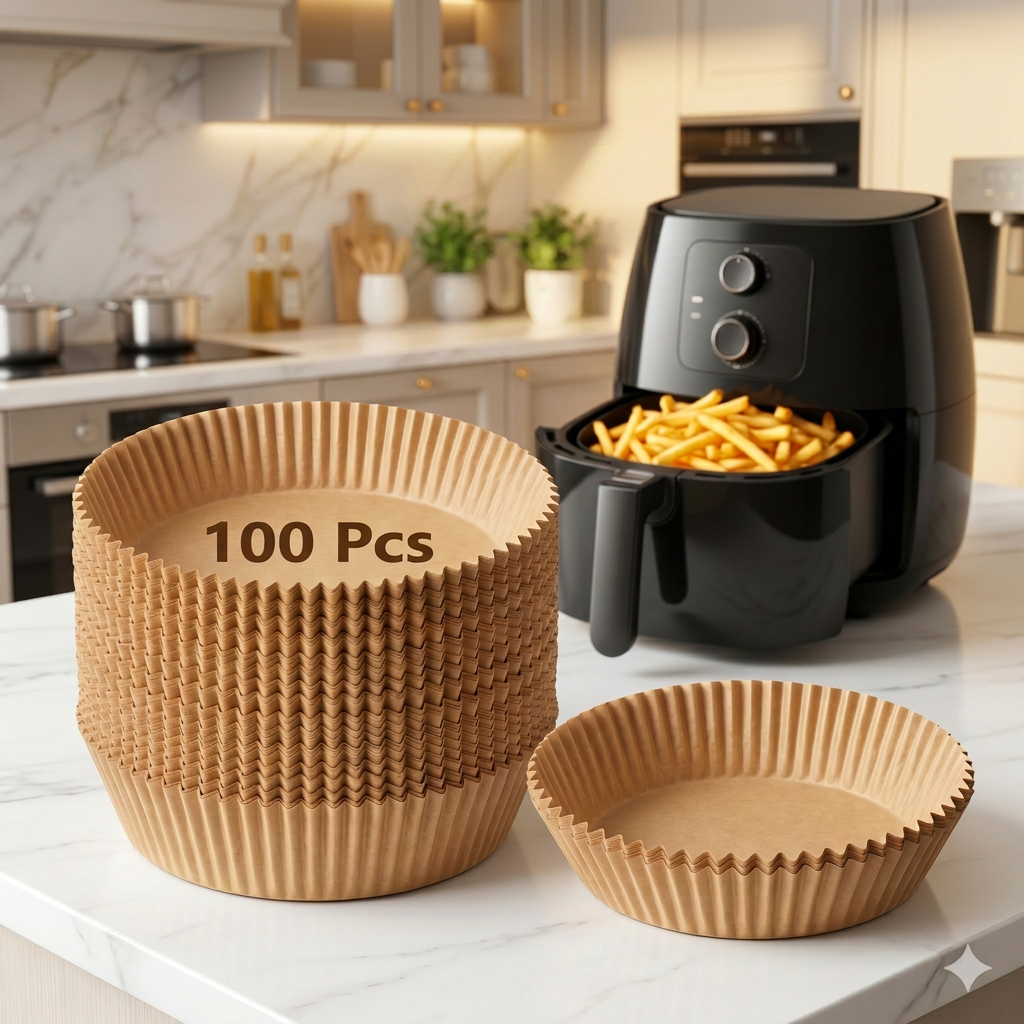 AI Design for Exact same brown air fryer paper liners, stack of 100 pcs arranged in a premium circular tower. One liner opened in front. White marble surface, luxury kitchen background blur, product occupies 90% frame, sharp focus on paper quality and pleated edges, professional product photography, 4K.
